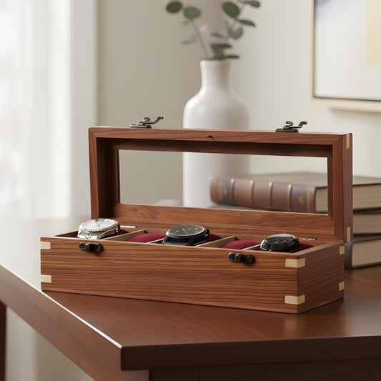 Wooden Watch Box for Men & Women, Watch Organizer & Display Case, Premium Long-Lasting Watch Holder for Storage, Elegant Gift for Watch Collectors (Glass Top, 5 Slots)