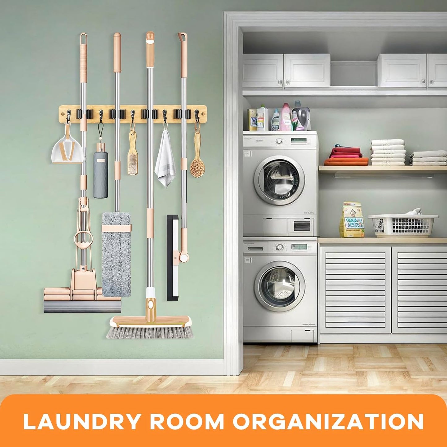 IMILLET Mop and Broom Holder Wall Mount, Bamboo Broom Hanger with 4 Racks and 5 Hooks, Laundry Room Decor, Self Adhesive Over the Door Broom Organizer, Wall Organizer for Home Garage Closet (1 Pack)