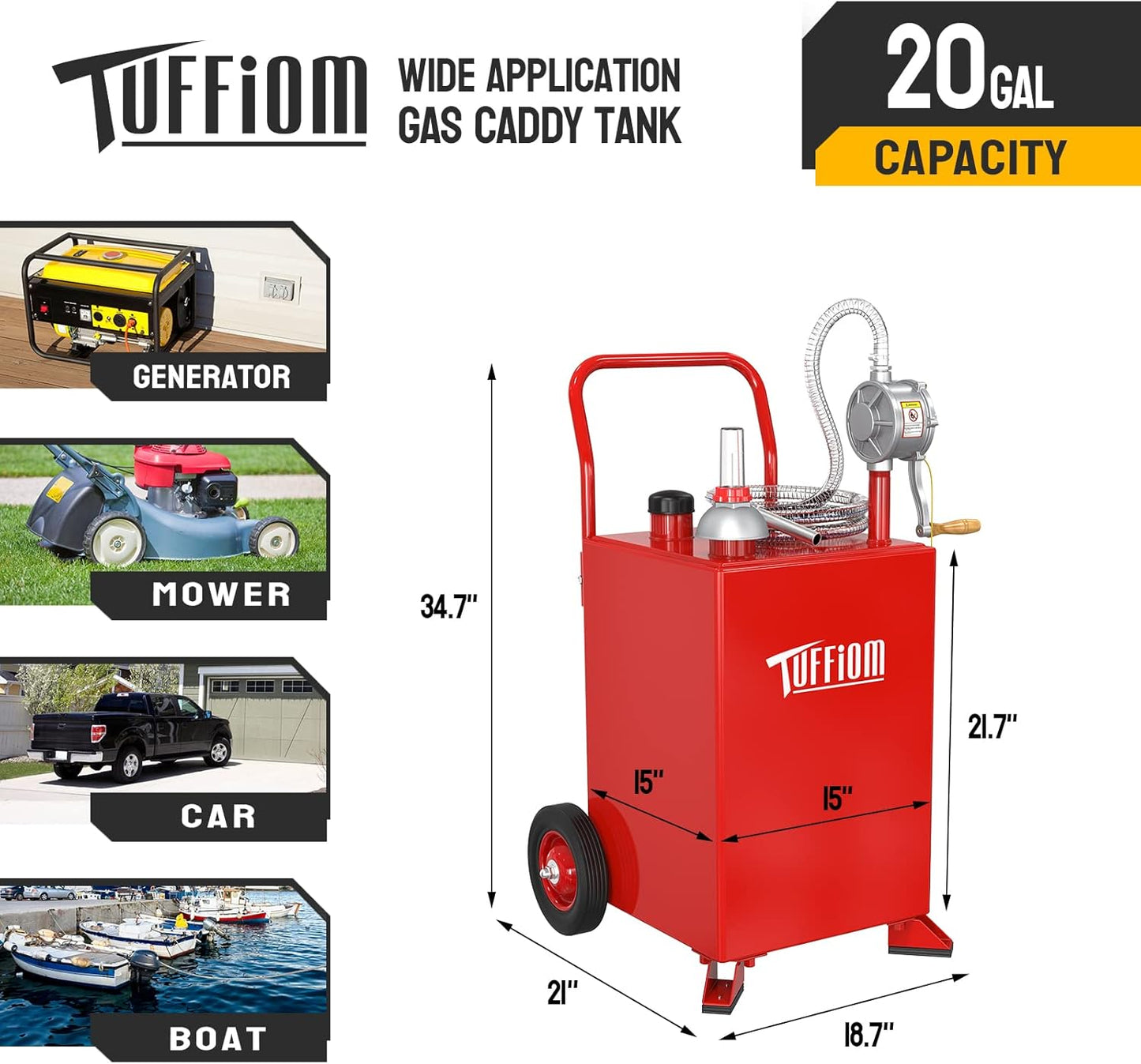TUFFIOM 20 Gallon Fuel Gas Caddy w/Wheels & Manual Siphon Pump, Portable Diesel Fuel Transfer Storage Tank w/8.9ft Hose, Gasoline Can Container for ATV Car Mowers Tractor Boat Motorcycle