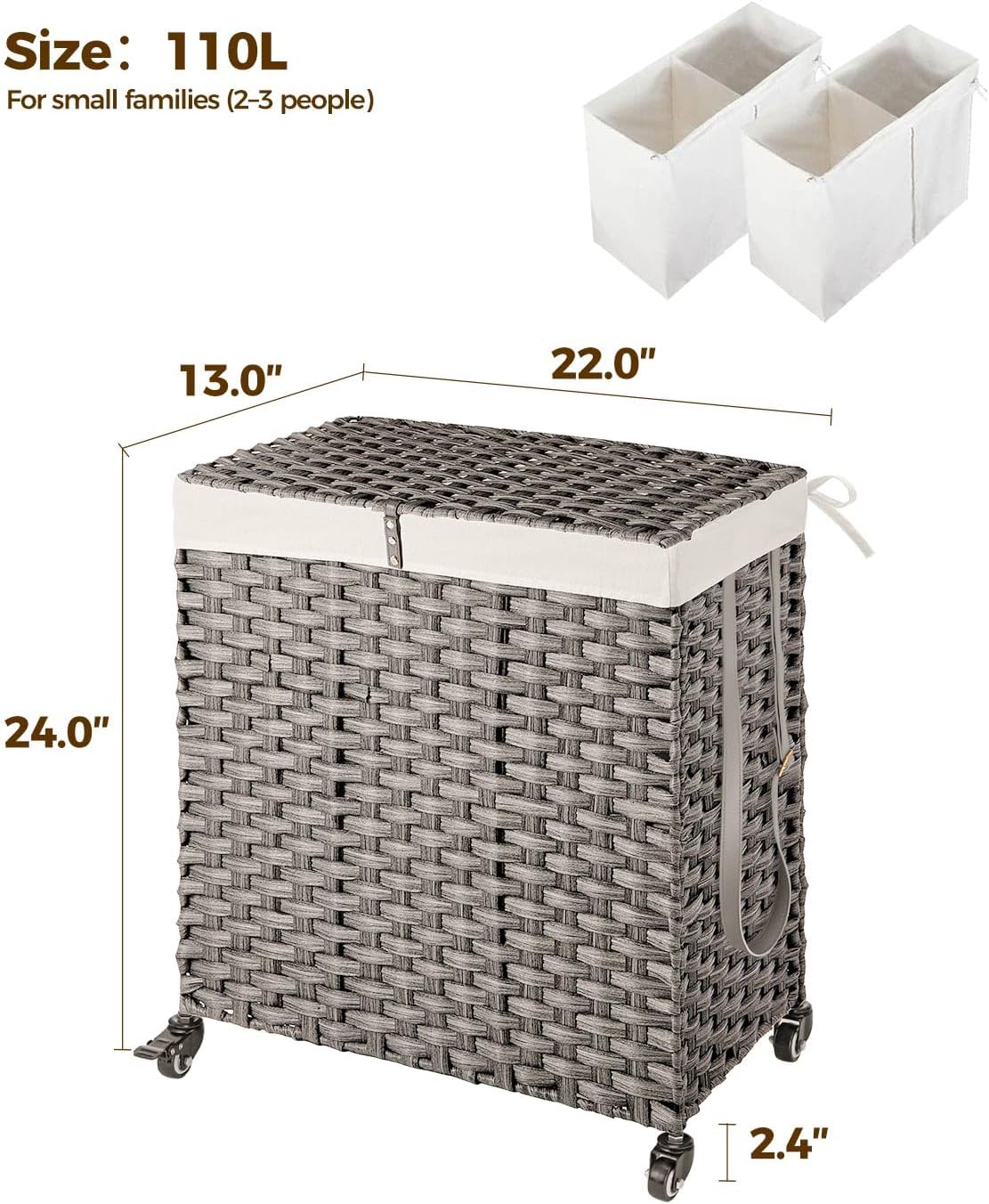 Greenstell Laundry Hamper with Wheels, No Install Needed, 110L Divided Handwoven Hampers & 2 Removable Liner Bags, Rattan Clothes Laundry Basket with Lid & Handles, Foldable Hampers Gray 22x13x26.4 In
