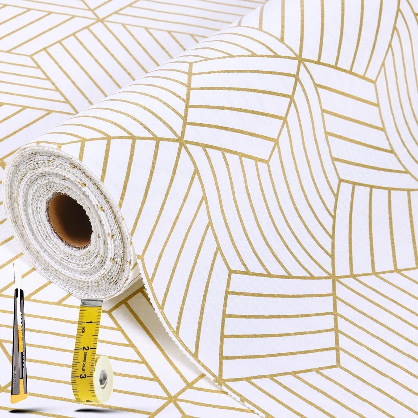 Shelf Liners for Kitchen Cabinets 12in x 40FT, Non Adhesive Cabinet Liner Strong Non-Slip Thickened Gold Geometric Drawer Liner, Easy to Clean for Shelf, Cabinet with Knife and Tape Measure
