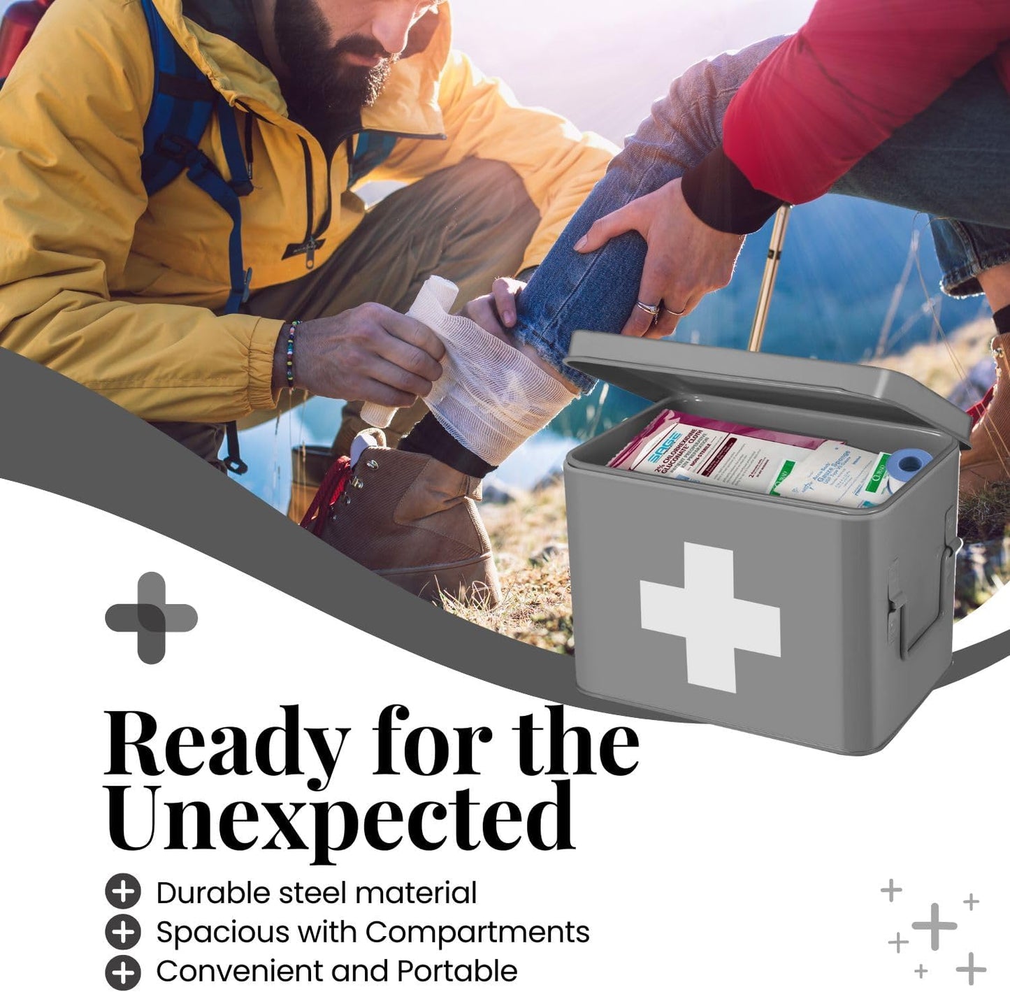 Flexzion Medicine Box, Home Pharmacy Box, 33 x 21 x 19 cm, Metal Medication Storage Box for Emergency, First Aid Cabinet, with Side Handles, Removable Tray & 5 Compartments, Grey