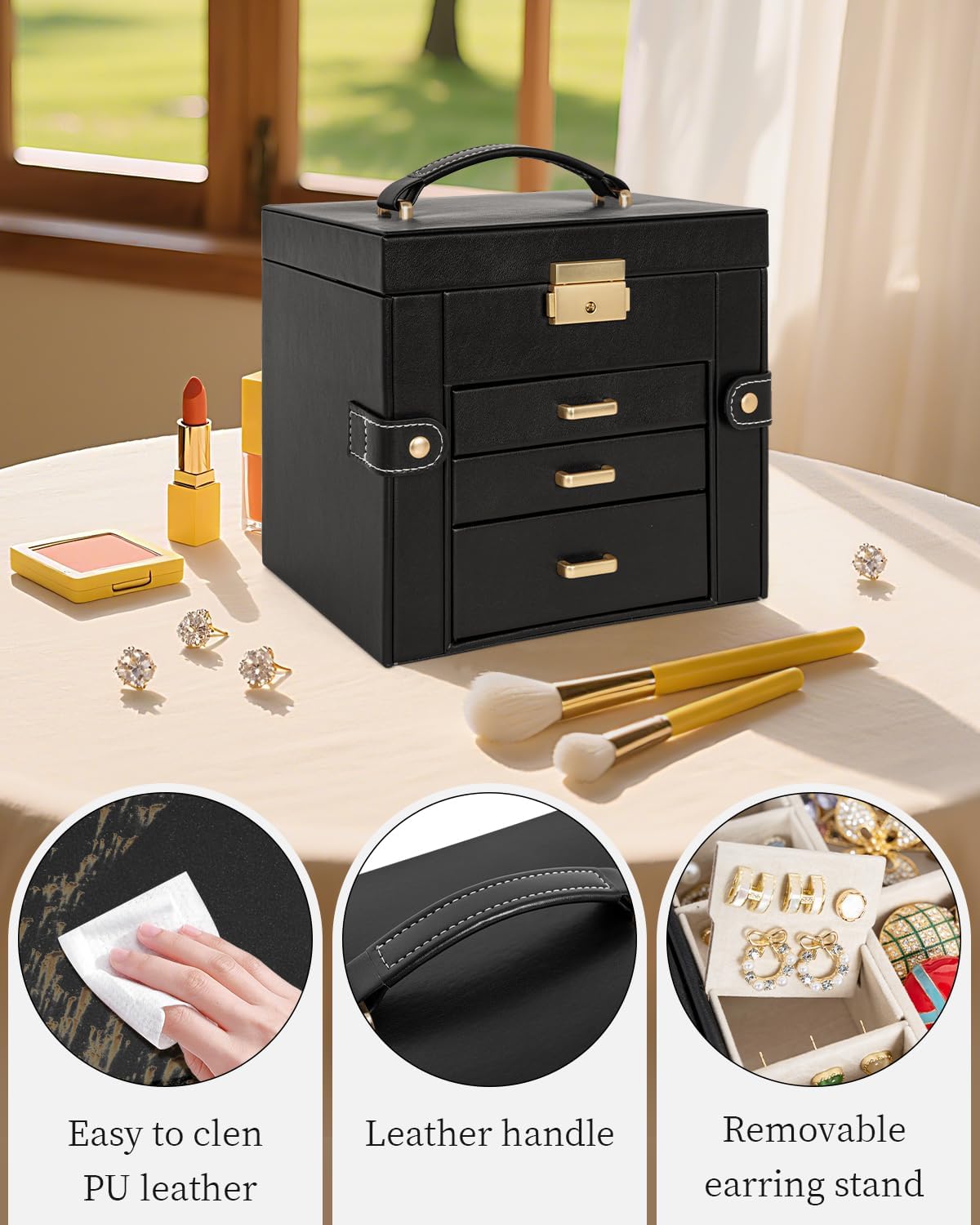 TORIBIO Jewelry Box for Women, Leather Jewelry Organizer with Mirror & Lock, 4-Tier Jewelry Storage Organizer with 3 Drawers for Girls/Women/Mothers, Necklace Earring Bracelets Holder Organizer