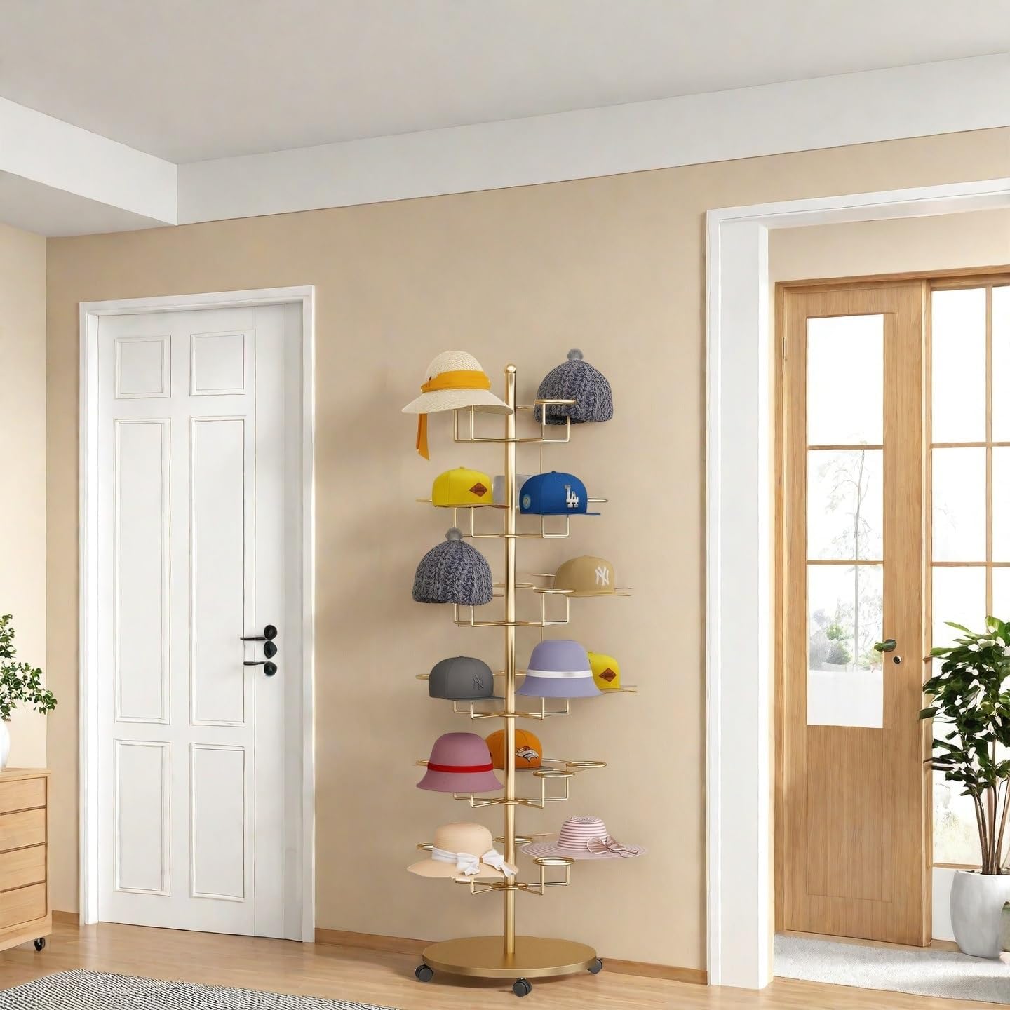 Hat Rack Stand 30-Hooks, Hat Display Stand Metal,Hat Display for Stores， Home or Store of Standing hat Rack(Gold,6th Floor)