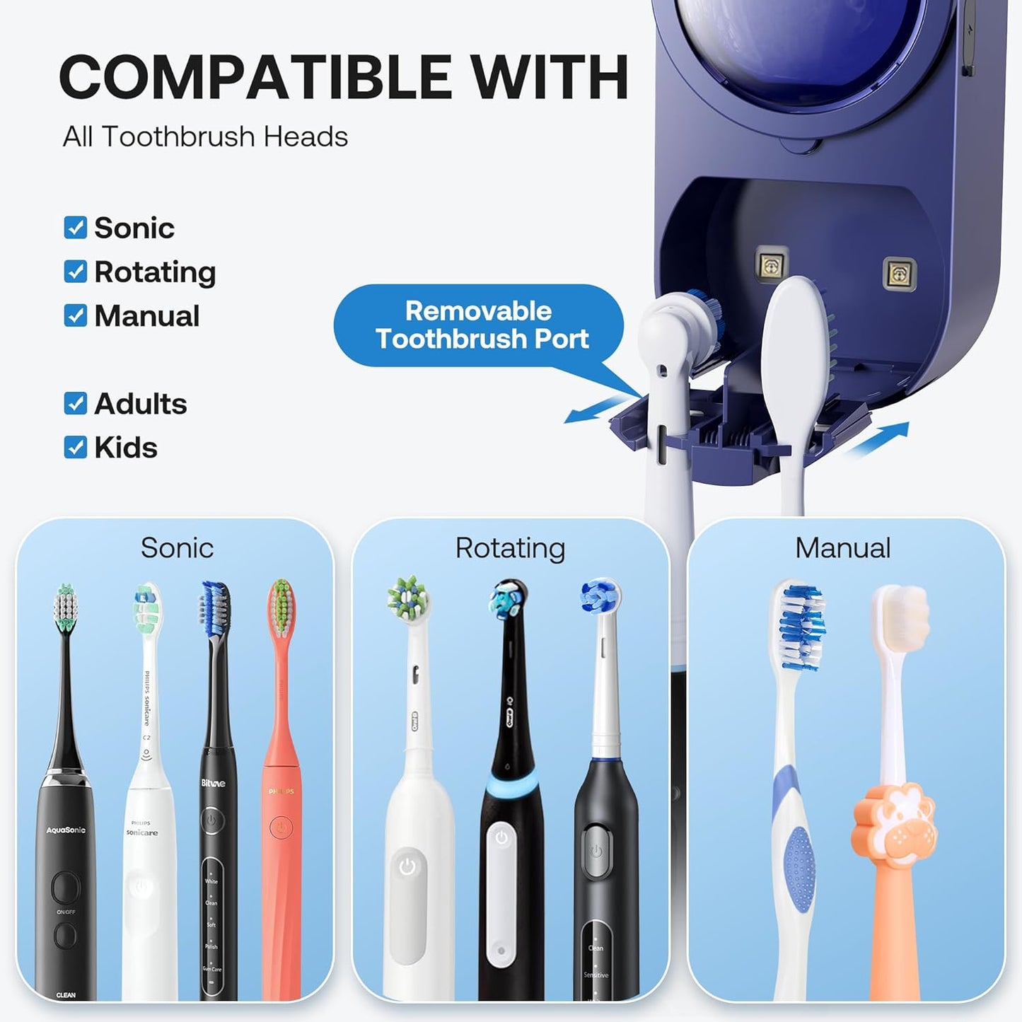 Bitvae Upgraded Tooth Brush Holder for Bathroom 2.0, Infrared Sensing Toothbrush Cleaner, Wall-Mounted for Most Size Toothbrushes, Air Drying, LED Smart Screen, Navy Blue