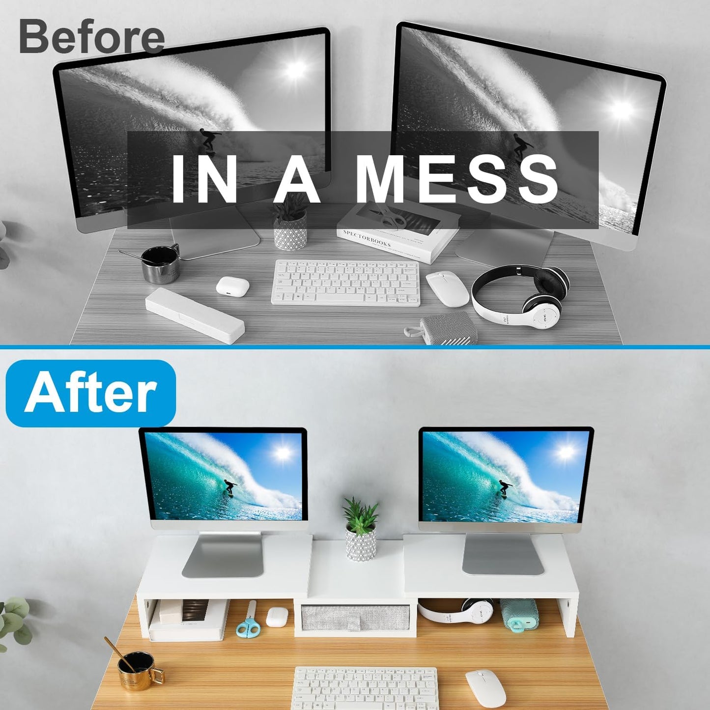TEAMIX White Dual Monitor Stand Riser with Drawer - Length and Angle Adjustable Double Corner Desk Shelf Organizer 37 inch Long for 2 Laptop/PC/Screen/TV