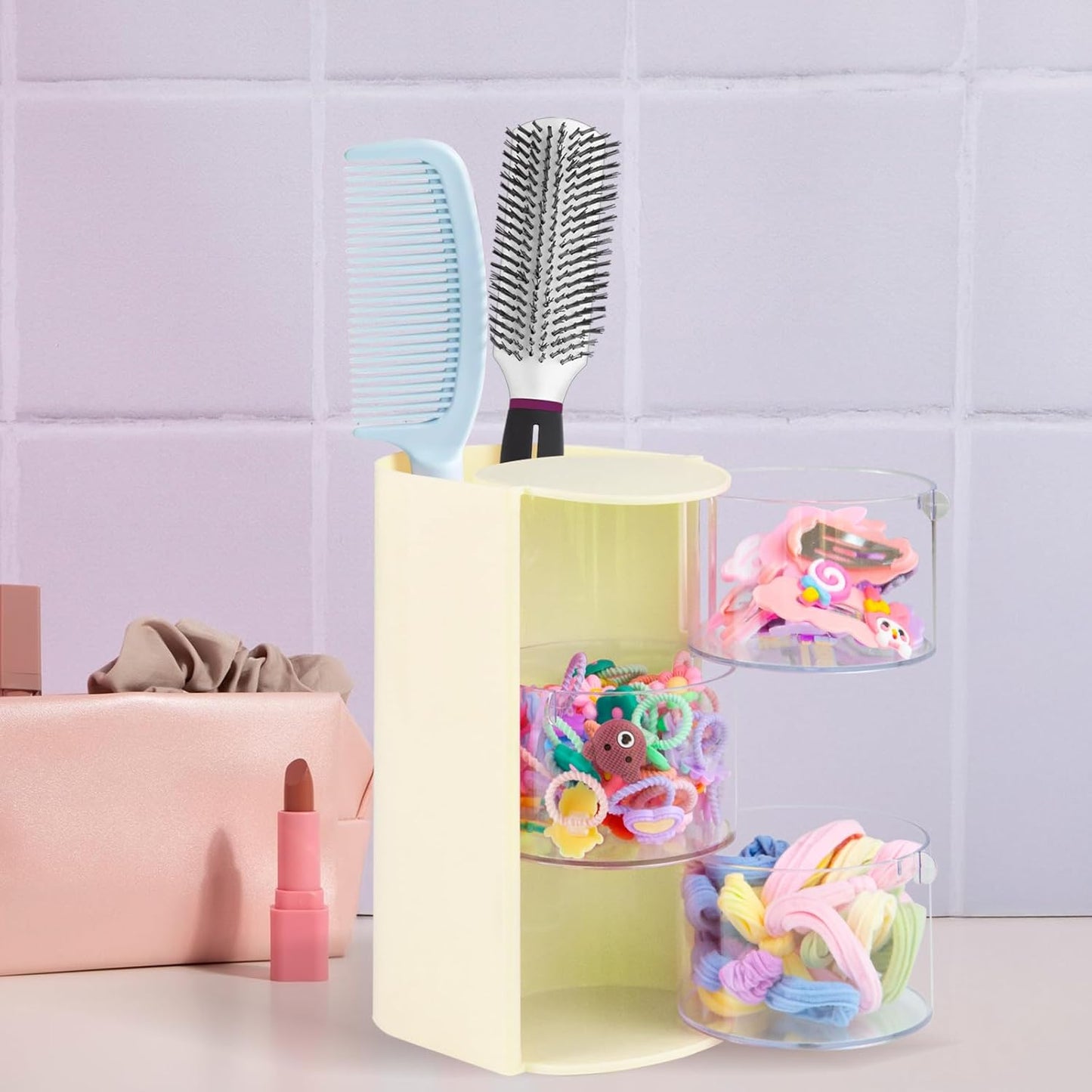 Hair Accessories Organizer with Hair Brush Holder, Rotatable Makeup Brush and Jewelry Storage Box for Hair Clips, Earrings, Necklaces, Bracelets, Rings, and Daily Accessories (Off White,3-Layer)