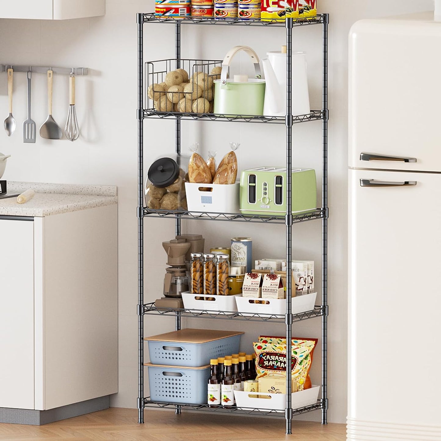 Storage Shelves,21.3" W x 11.8" D x 58.5" H Kitchen Wire Shelving Unit Loads 550LBS,5-tier Adjustable Metal Utility Shelf,Garage Shelves,Home Storage Rack for Kitchen, Laundry, Pantry and Closet