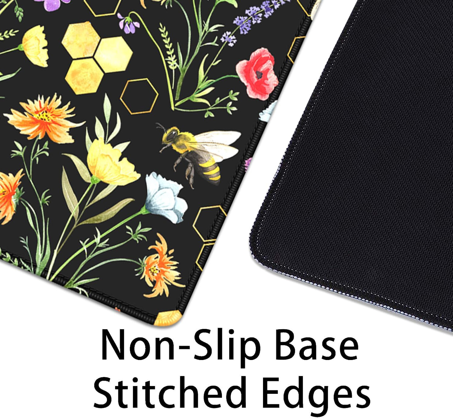 Bees and Honeycombs Mouse Pad,XL Large Wildflowers Mousepad Desk Pad with Stitched Edges,Non-Slip Waterproof Rubber Base Mouse Mat Desk Mat for Office Computer Keyboard Laptop Home(27.5x11.8 in)