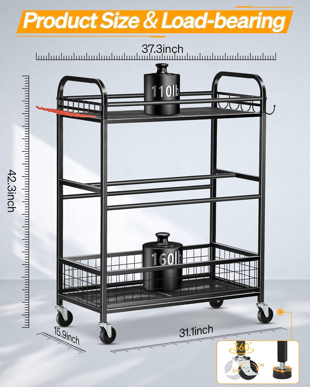 Ball Storage Sports Equipment Organizer - Garage Storage Cart Rolling Ball Storage Rack with Hooks Wheels Outdoor Indoor Gym Gear Toy Holder Bin for Basketball, Baseball, Soccer