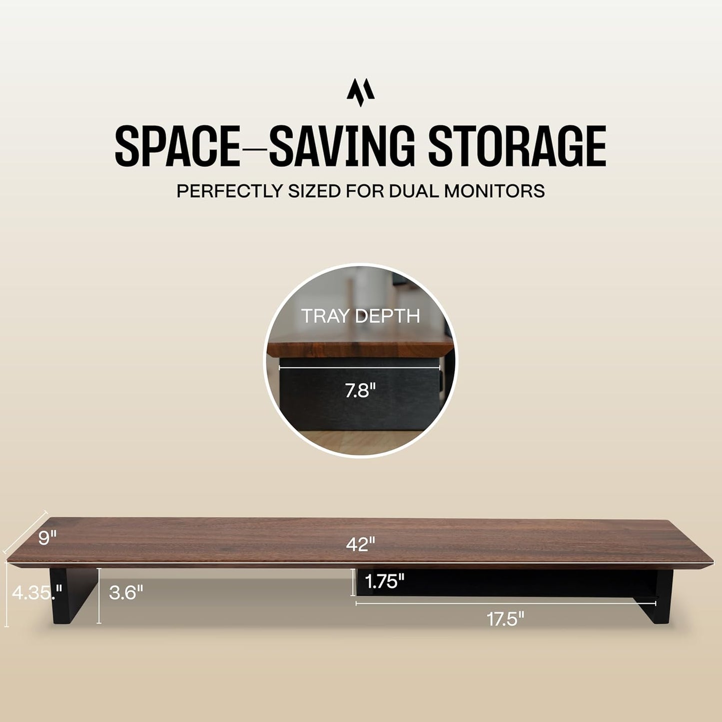 Solid Wood Dual Monitor Stand Riser – 43" Walnut Desk Shelf for 2 Monitors with Tray & Wool Felt, Organizer for Desktop, Laptop and Office (Solid Walnut)