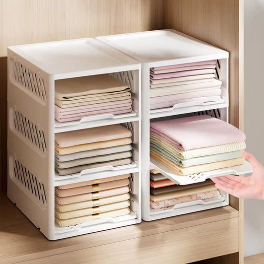 5 Pack Stackable Drawer Storage Baskets – Foldable Closet Organizer with Slide-Out Drawer Feature for Clothes, Kitchen, Bathroom & Laundry Room – Space-Saving Storage Bins, White