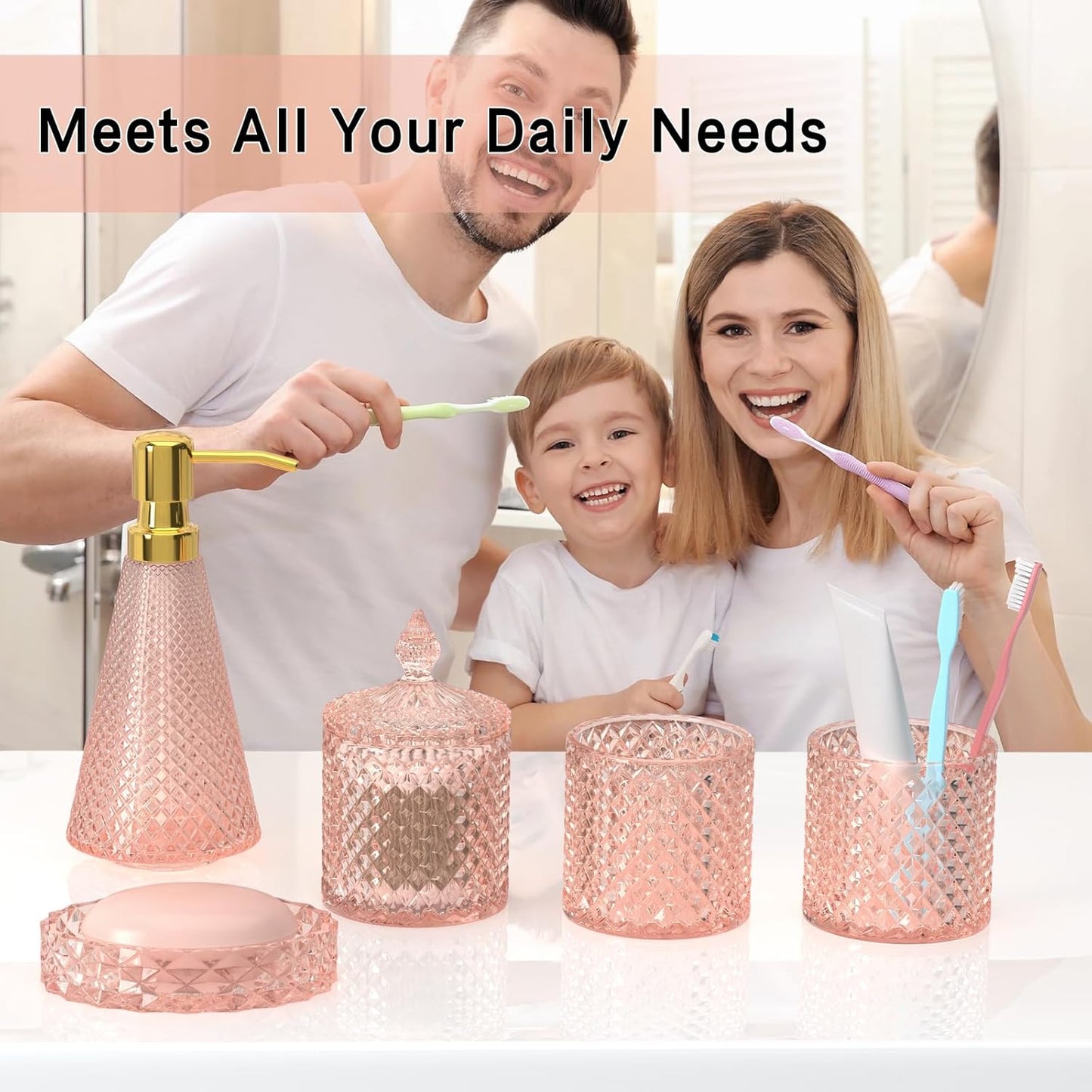 Pink Glass Bathroom Accessories Set 5 Pcs, Pink Bathroom Set, Soap Dispenser and Toothbrush Holder Set, Qtip Holder Set, Vintage Bathroom Sink Set, Cute Bathroom Decor