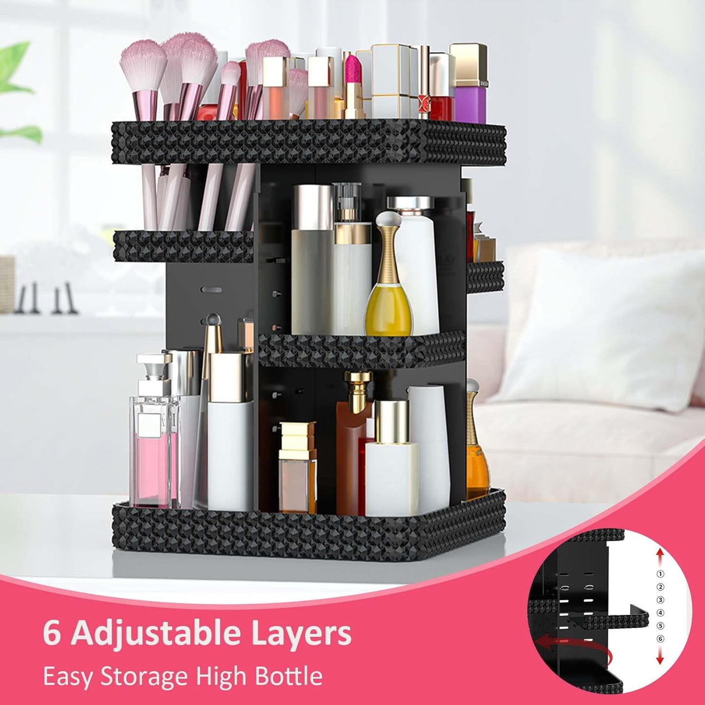 Rotating Makeup Organizer, Large Capacity Cosmetic Display Case, Acrylic Skincare Organizer with Brush Holder, Makeup Storage Organizer for Dresser Countertop and Bathroom Vanity - Black