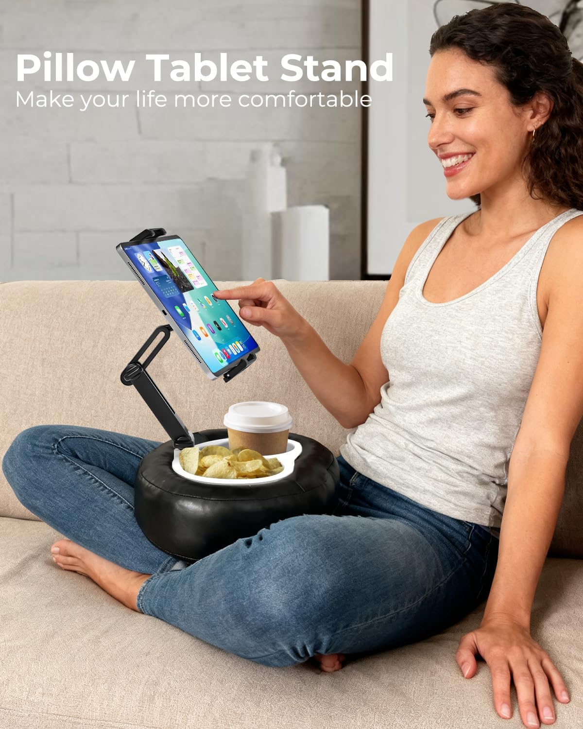 Tablet Pillow Stand with Storage Liner - Leatherette, Stable Support for 6.1-15.6 Inch Devices, Waterproof & Foldable for Sofa/Bed/Floor, Fit Thickness Case for iPad Pro/Air/Mini, Galaxy Tab