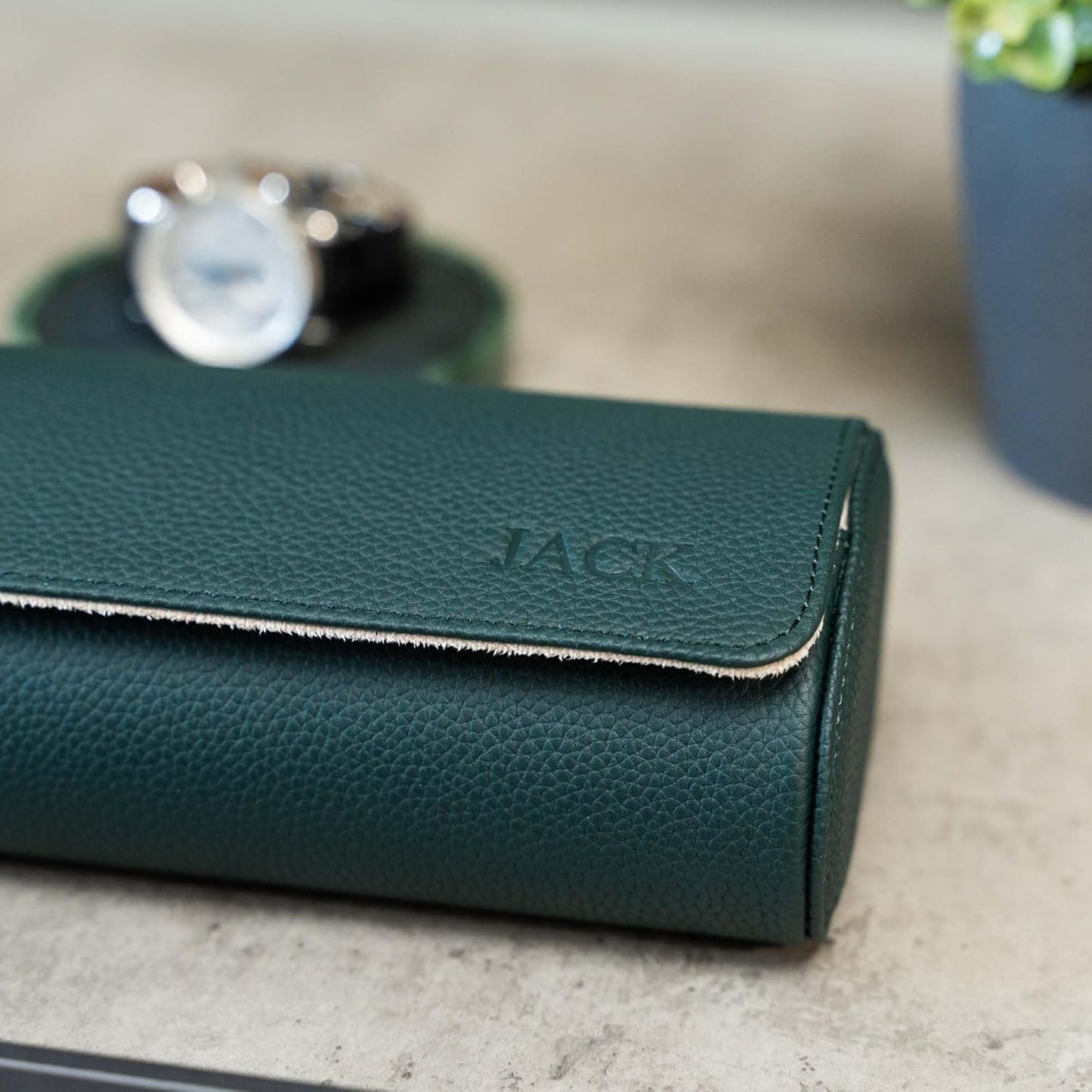 DailyWatch | Personalized Watch Roll Travel Case For 4 Watches - Handmade Genuine Leather Travel Case With Custom Engraving of Name or Initials - Dark Green Litchi