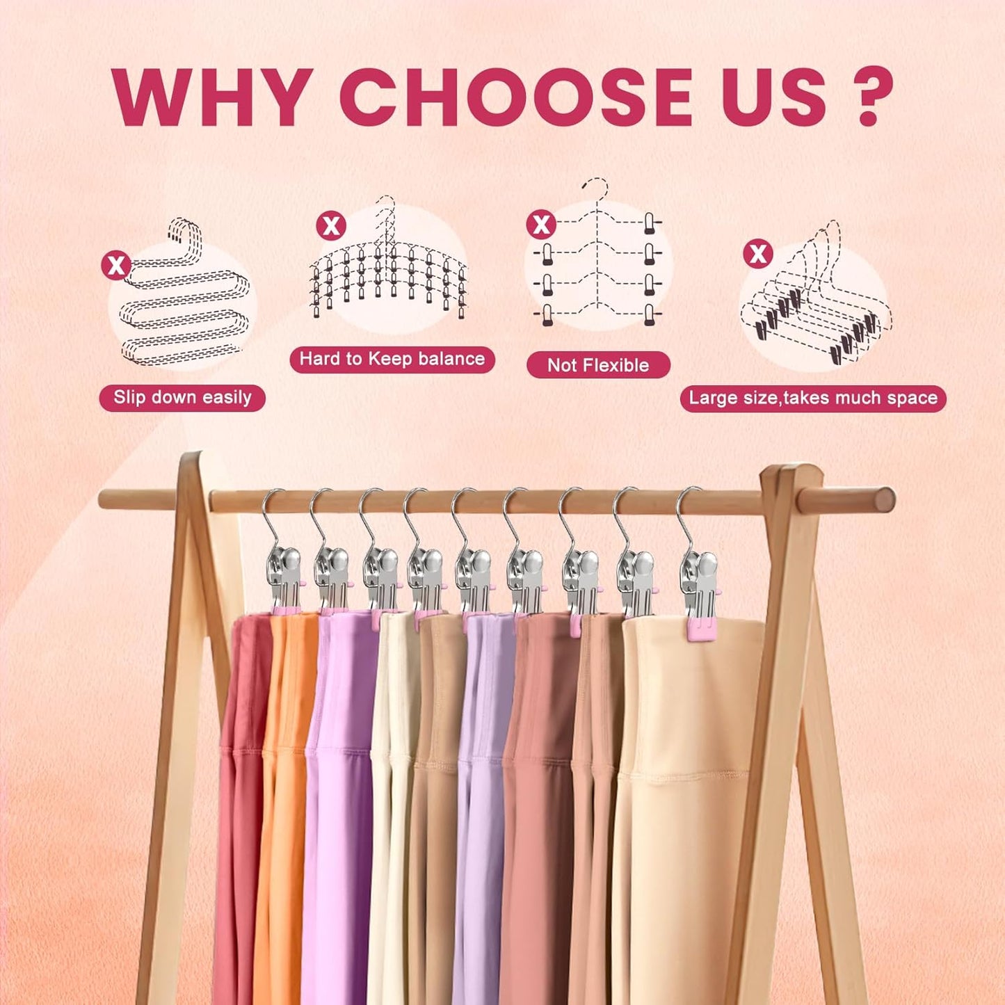 50 Pack Pants Hangers with Clip,Legging Organizer for Closet Hanging, Space Saving Yoga Pants Hangers Clip Hanger Wardrobe Organization,Closet Organizers and Storage for Jeans,Shorts,Skirts,Hats-Pink