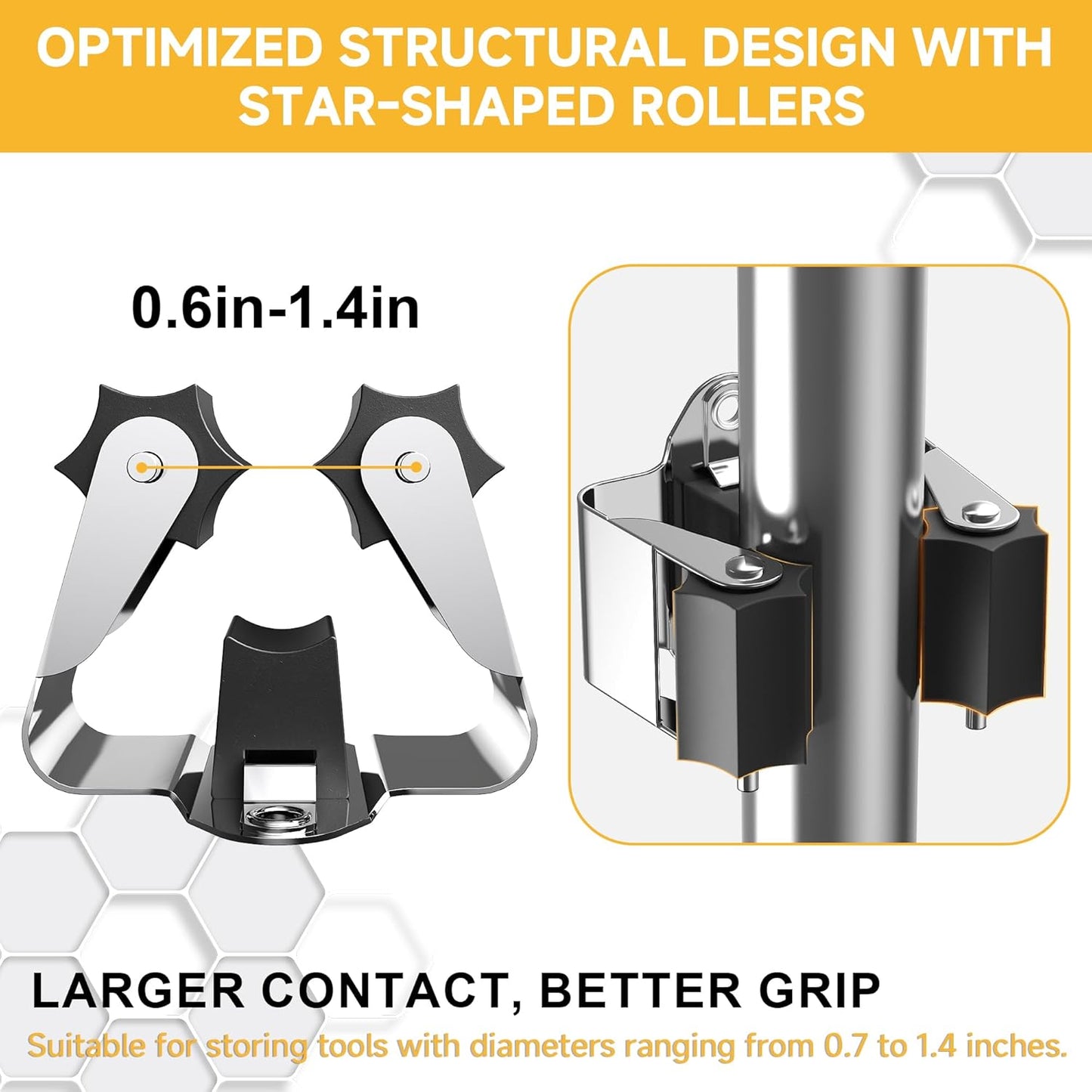 Broom Holder Wall Mount – 3 Pack Broom Rack with Star Shaped Rubber Rollers & Nickel Plated Brackets for Strong Grip and Long Life – Ideal for Garden Tools Organization