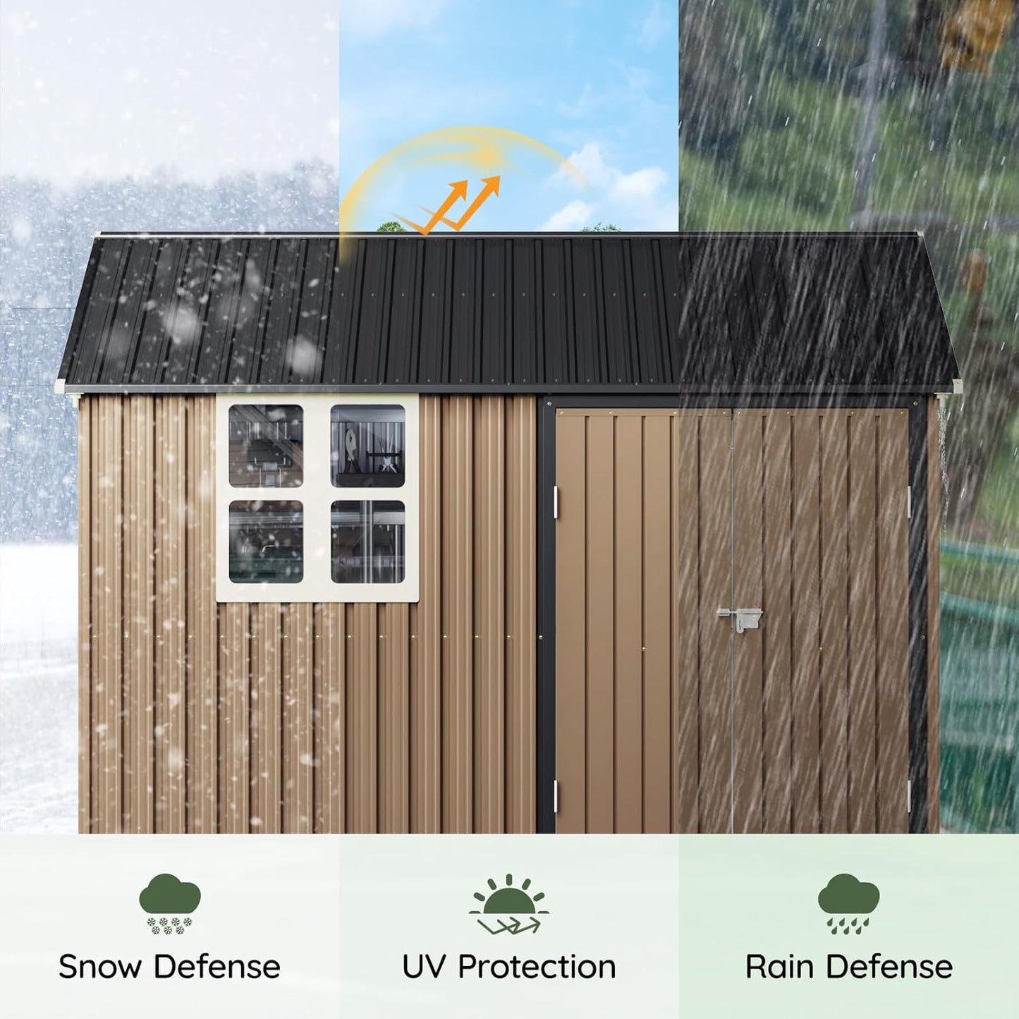 Update 8x10 FT Outdoor Metal Storage Shed, Single Door, 1 Clear Window, Tool Shed for Garden, Patio, Backyard Brown