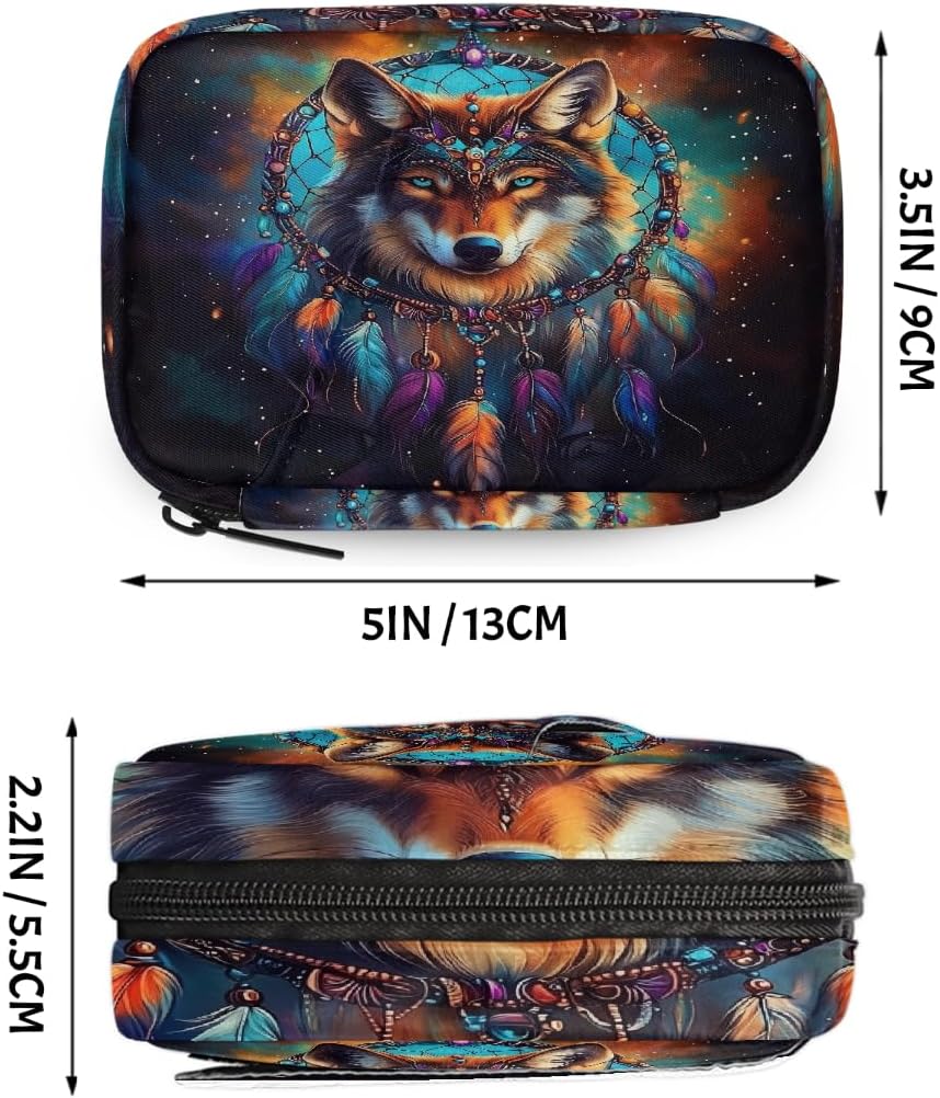 Majestic Wolf Dreamcatcher Pill Organizer Travel Medicine Case with Zipper Daily Vitamin Storage Bag Portable 8 Slot Weekly Pill Box Supplement Holder for Home Office Gym Travel