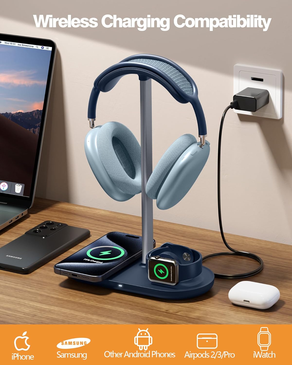 HiWe 3-in-1 Headphone Stand - Universal Desktop Gaming Headset Holder with Wireless Charger for Phones/AirPods/iWatch, Aluminum Alloy Rod, Leather Pad, ABS Solid Base, Blue
