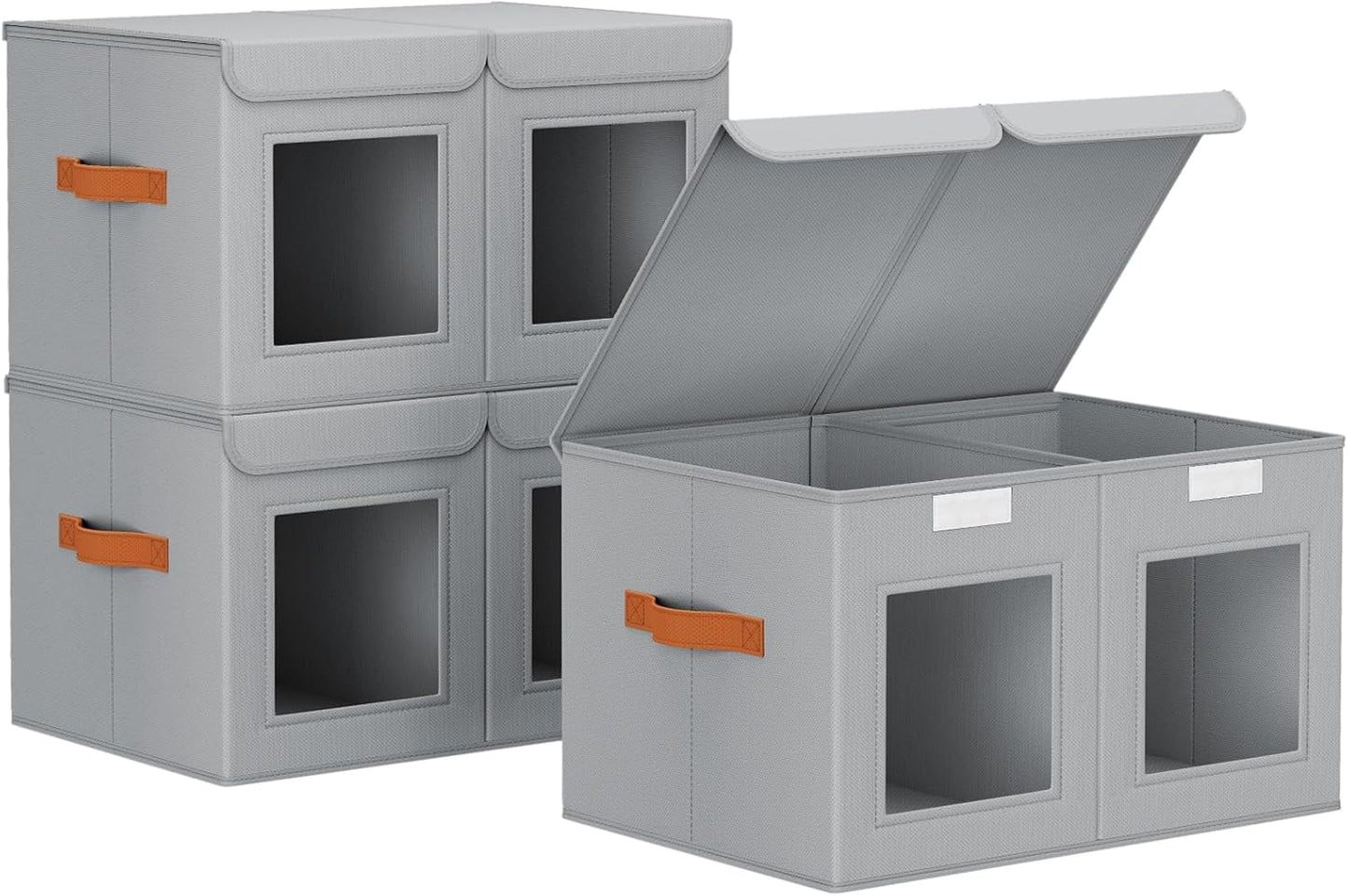 Large Closet Storage Bins - Collapsible Divided Clothes Organizer with Lids & Dual Window, Fabric Organizing Bins for Clothes, Sweater, Toys, Bedroom, Office (Grey, 3 Pack)