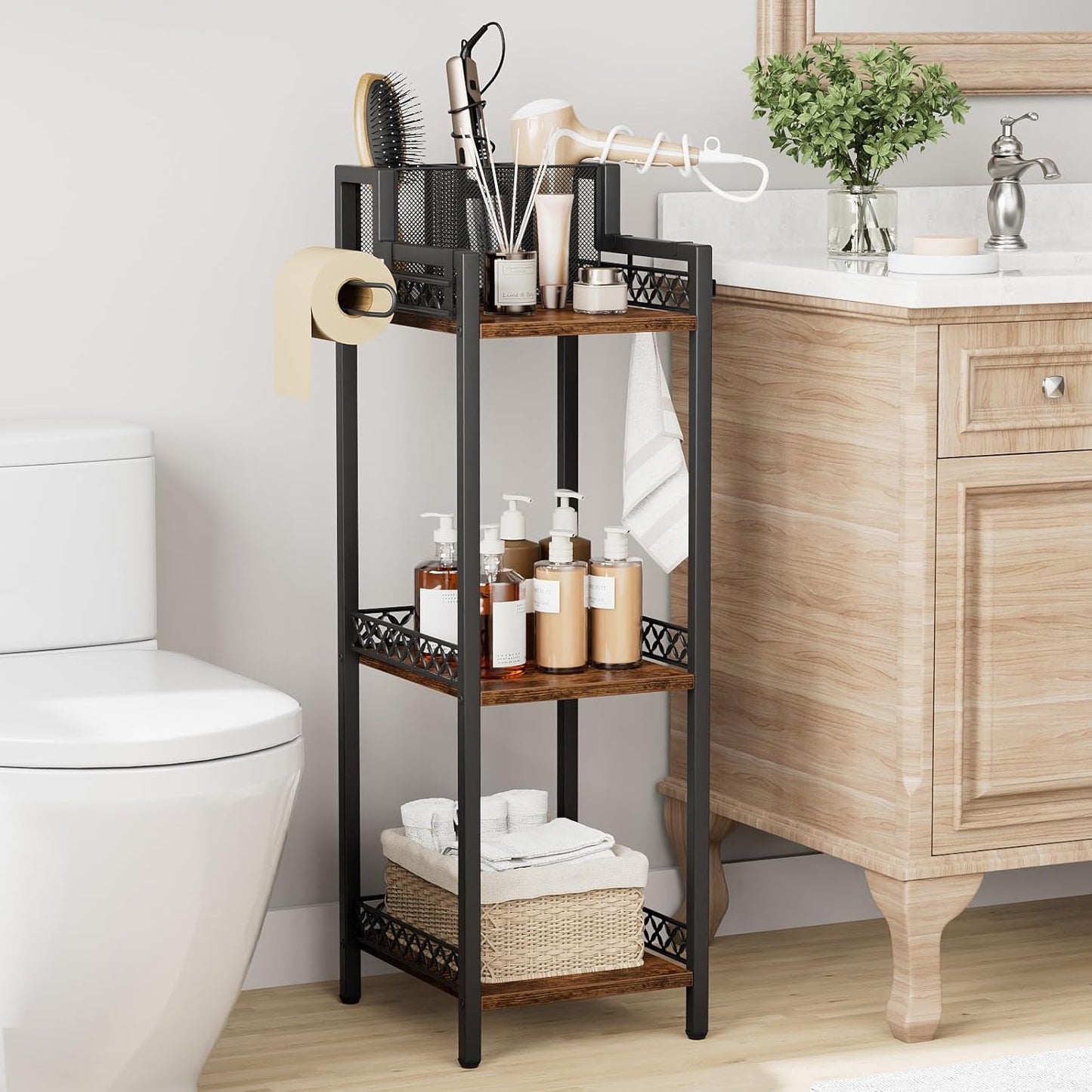 Bathroom Storage Shelf Hair Dryer Holder, 3-Tier Narrow Metal Standing Rack with Toilet Paper Holder, Multifunctional Corner Unit Rack for Cosmetic, Curling Irons (9.85“ Black Without Drawer)