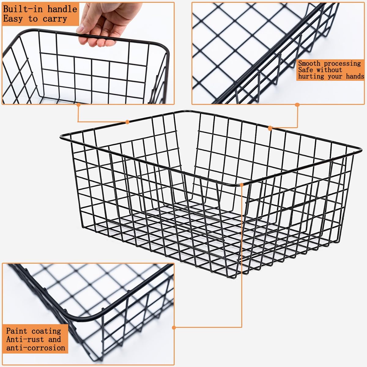 3 Pack Large Wire Baskets for Organizing 14.2'' Metal Wire Baskets with Built-in Handles, Wire Storage Basket Black Metal Freezer Organizer Wire Basket for Pantry, Cabinets, Bathroom