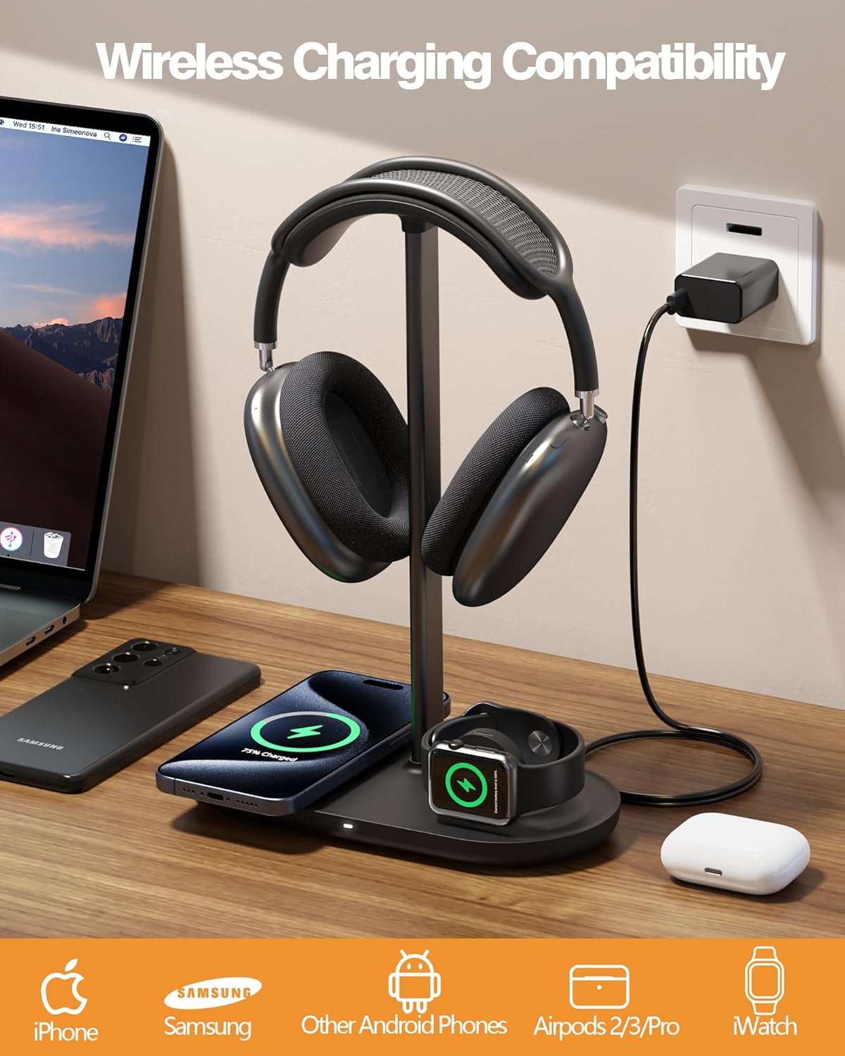HiWe Universal Headphone Stand, Magnetic Wireless Charger for iPhones/AirPods/iWatch, Aluminum Alloy Rod, Leather Pad, ABS Solid Base, Black