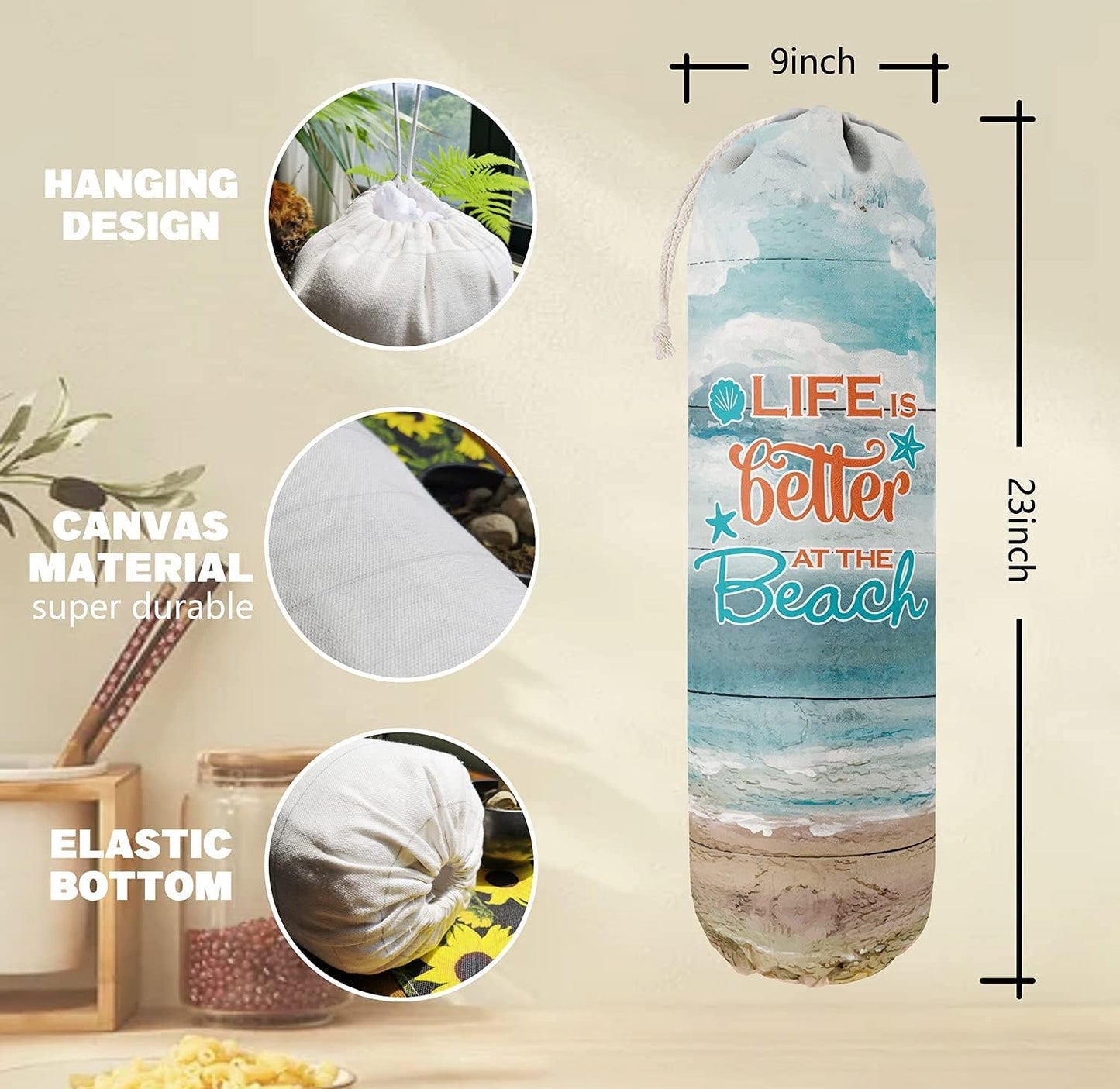 Life is Better at The Beach, Grocery Bags Holder Organizer for Shopping Bags，Wall Mount Plastic Bags Storage Container Dispensers, Gift for Women Mother Grandmother Friend