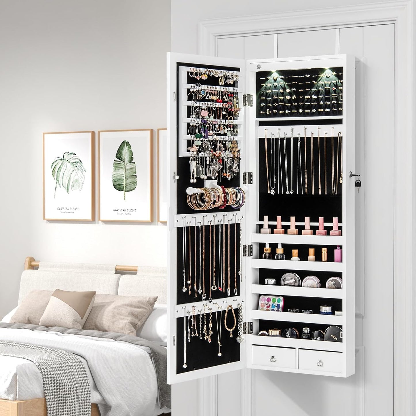 Giantex Jewelry Armoire Wall Door Mounted, Lockable Jewelry Cabinet with 42.5'' Full Length Mirror, 2 LEDs Jewelry Organizer Box with 2 Drawers, Mirror with Jewelry Storage (White)