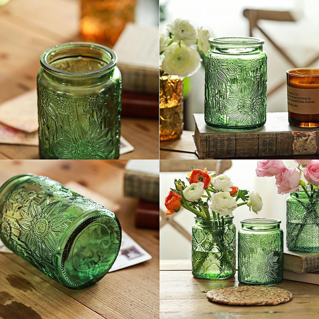 Set of 2 Vintage Glass Jars, Green Glass Storage Jars with Lids (23.7 oz) for Kitchen, Pantry, Candy, Flour, Oatmeal, Coffee Beans, Pet Food, Laundry Detergent, Cute Jar (Green&Blue 2, 23.7 Ounces)