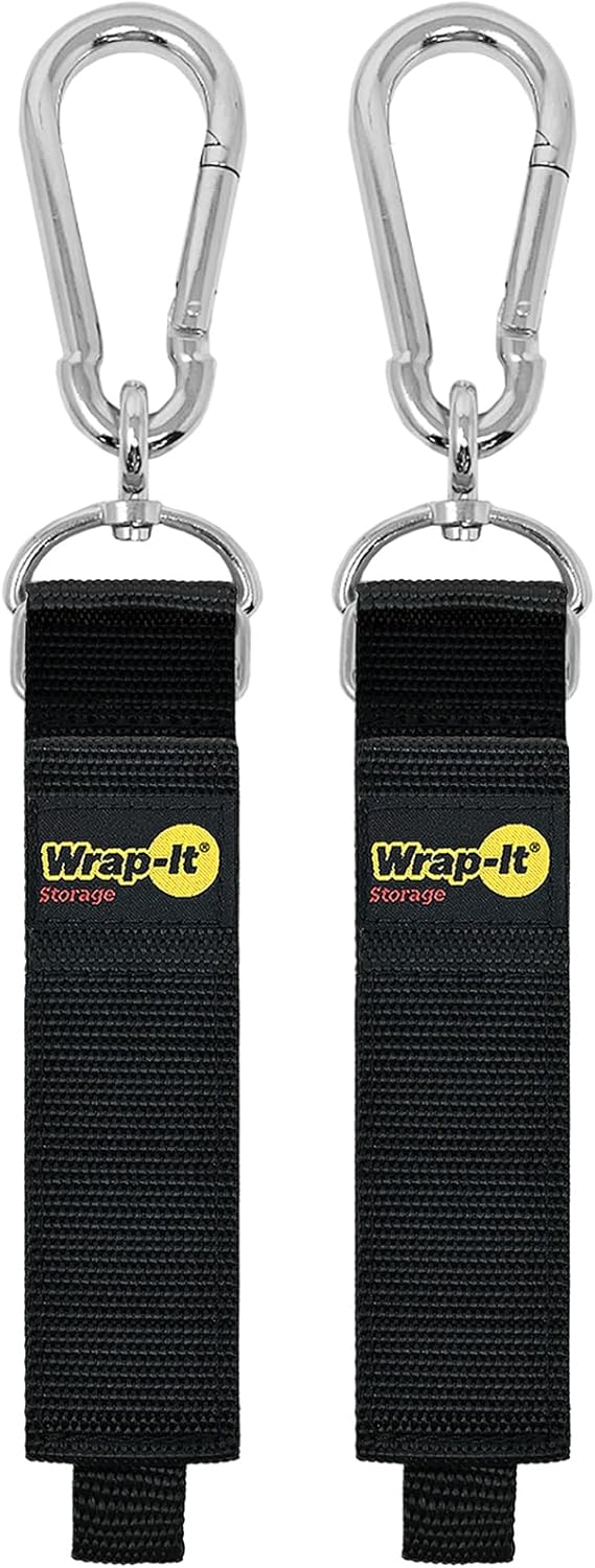Hook 'n Hang Wrap-It Storage Straps - 18" (2-Pack) Black - Carabiner Straps to use as an Extension Cord Holder with Hooks