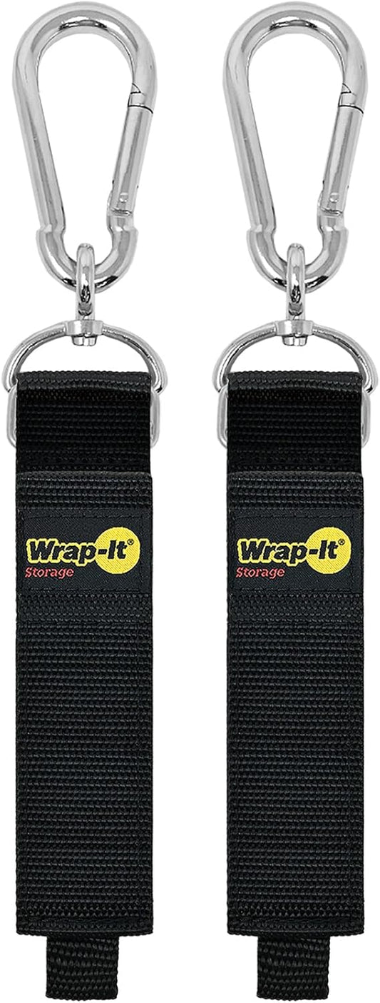 Hook 'n Hang Wrap-It Storage Straps - 18" (2-Pack) Black - Carabiner Straps to use as an Extension Cord Holder with Hooks