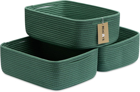 Large Shallow Organizing Baskets 15x11x5.1 Inches - Rope Woven Storage Bins for Bathroom, Shelves, Cube Closet, Green 3 Packs