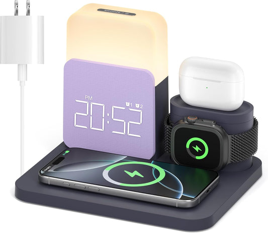 7 in 1 Wireless Charging Station, Alarm Clock with Wireless Charger for Bedrooms, Magnetic Charger with Night Light Bedside Clock for iPhone 17 16 15 14 13 12 Pro Max, Apple Watch, AirPods