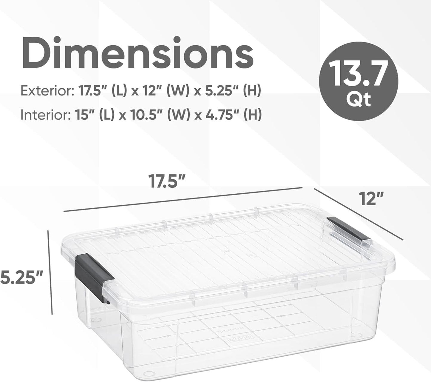 Superio 6 Pack Clear Plastic Storage Container with Lid Home - 13.7 Qt, Office Organizer Storage Bin, Stackable, For Closet, Under the Bed, or Locker, Use for Clothes, Food, Toys, Supplies, Linen.