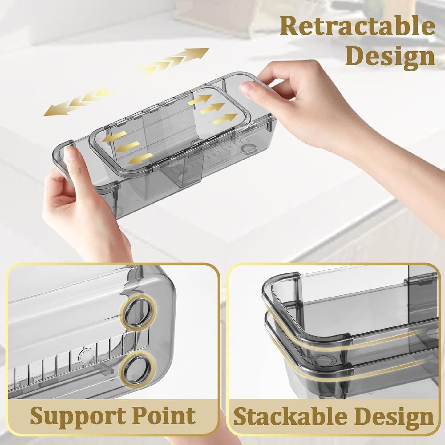 20 Pcs Adjustable Clear Drawer Organizer, Extendable Vanity Storage Bins, Desk Drawer Organizer Set for Makeup, Cosmetics, Bedroom, and Gadgets, Black