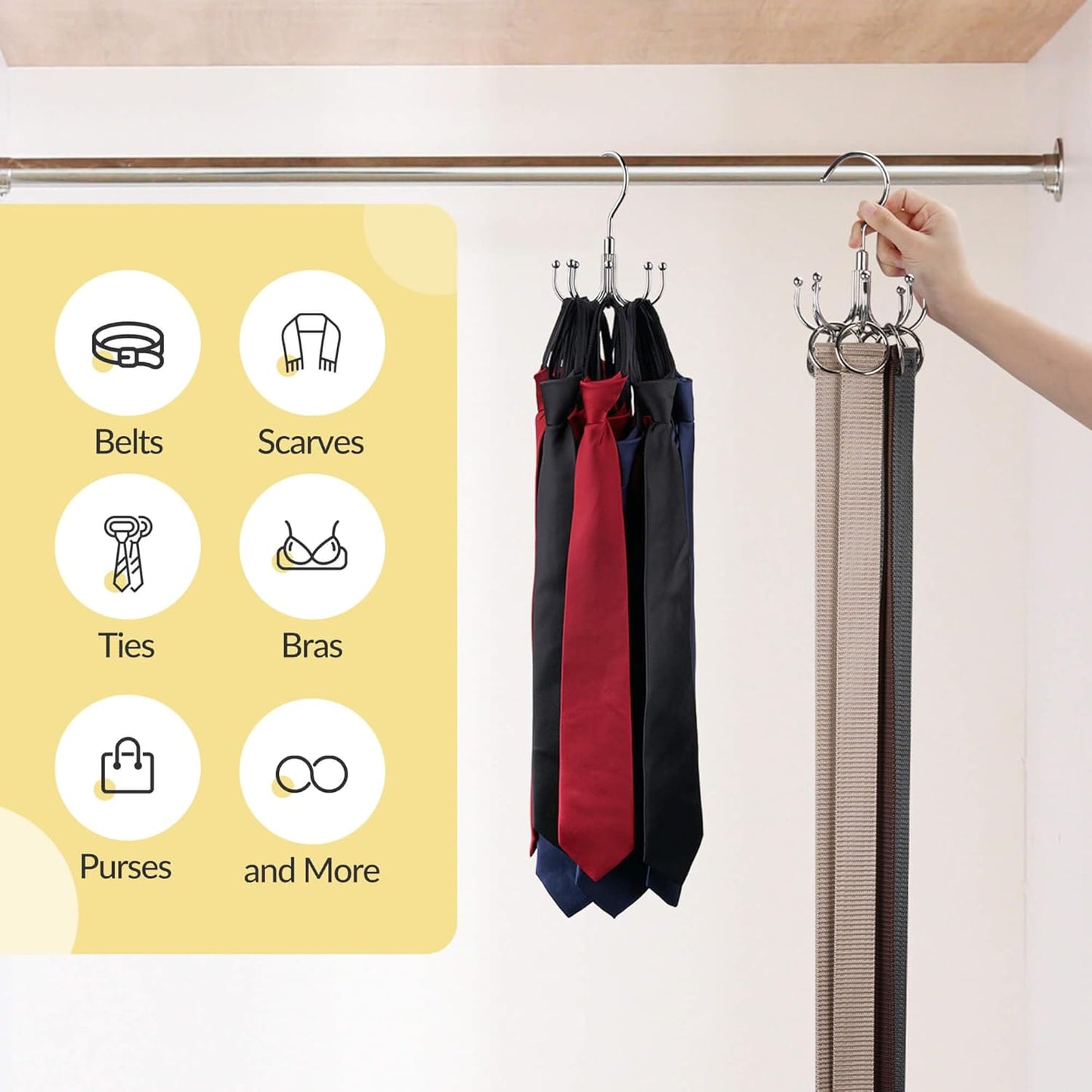 Belt Hanger, Space Saving Belt Organizer for Closet, Max 24 Storage Capacity, Rotating Belt Rack Closet Organizers and Storage for Hanging Belt, Ties, Silver