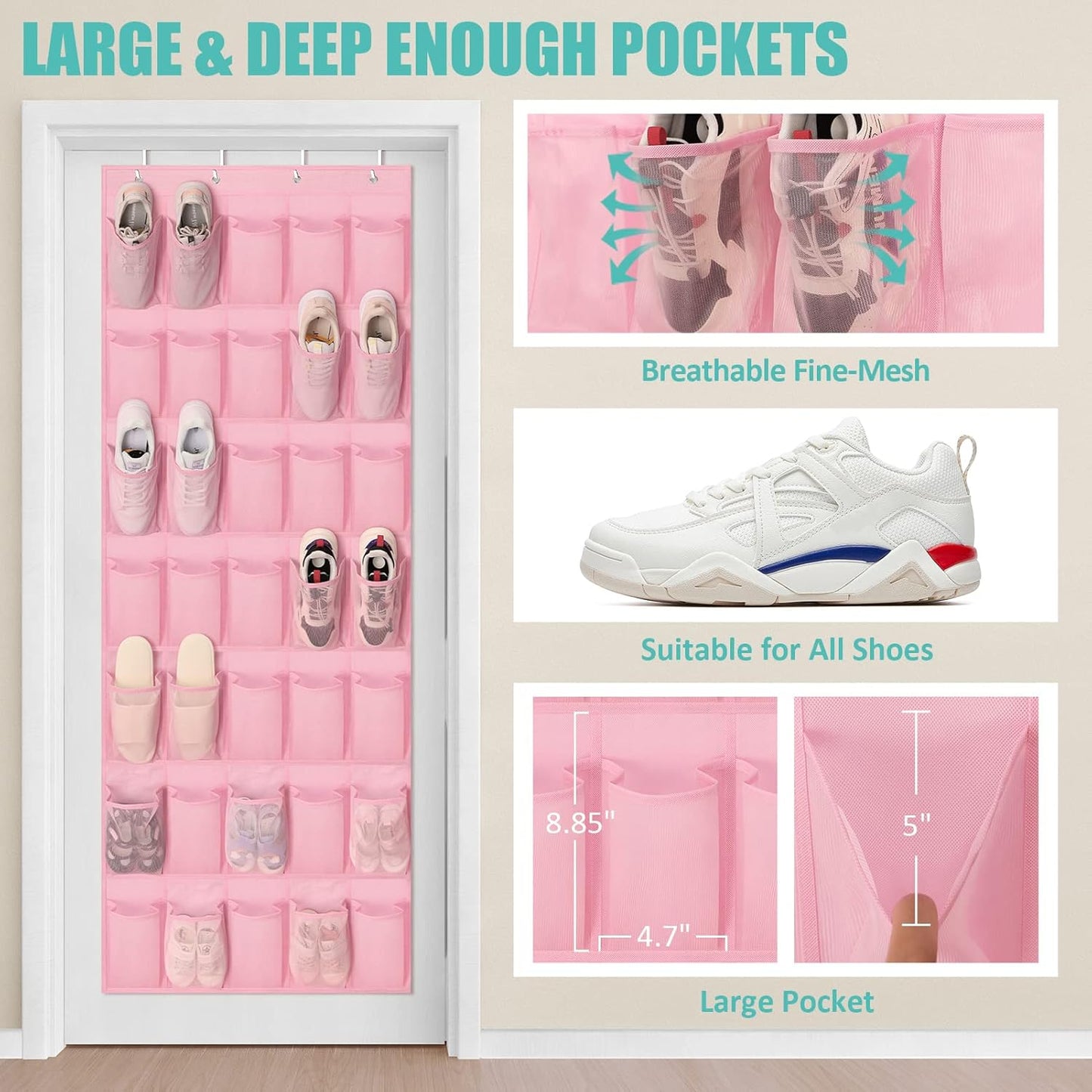 Tiblue Over The Door Shoe Organizers Pink with 35 Mesh Pockets Baby Organizer Storage Hanging Shoe Organizer Shoe Holder Rack For Toddler Girl Room Baby Room Craft Room Bedroom Pantry Bathroom Closet