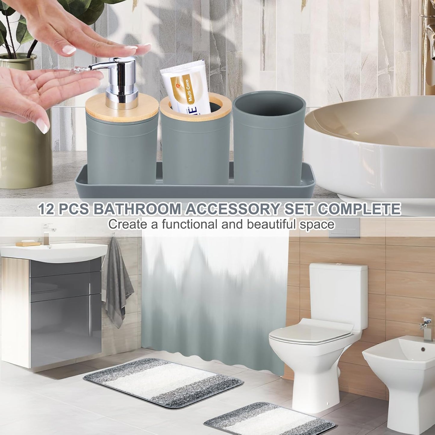 iMucci Bathroom Accessories Grey Bathroom Sets with Shower Curtain and Rug, Grey Ombre Waterproof Shower Curtain with Ultra Absorbent Rug Bathroom Accessories Set for Home Decor