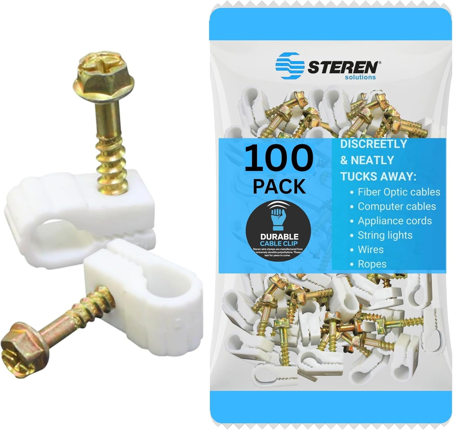 STEREN Coaxial Cable Clips - Cable Holder - Wire Clips - Siding Clips for Hanging - Cord Holder for Desk - Cable Clamps (White, 100 Count - Single Screw)