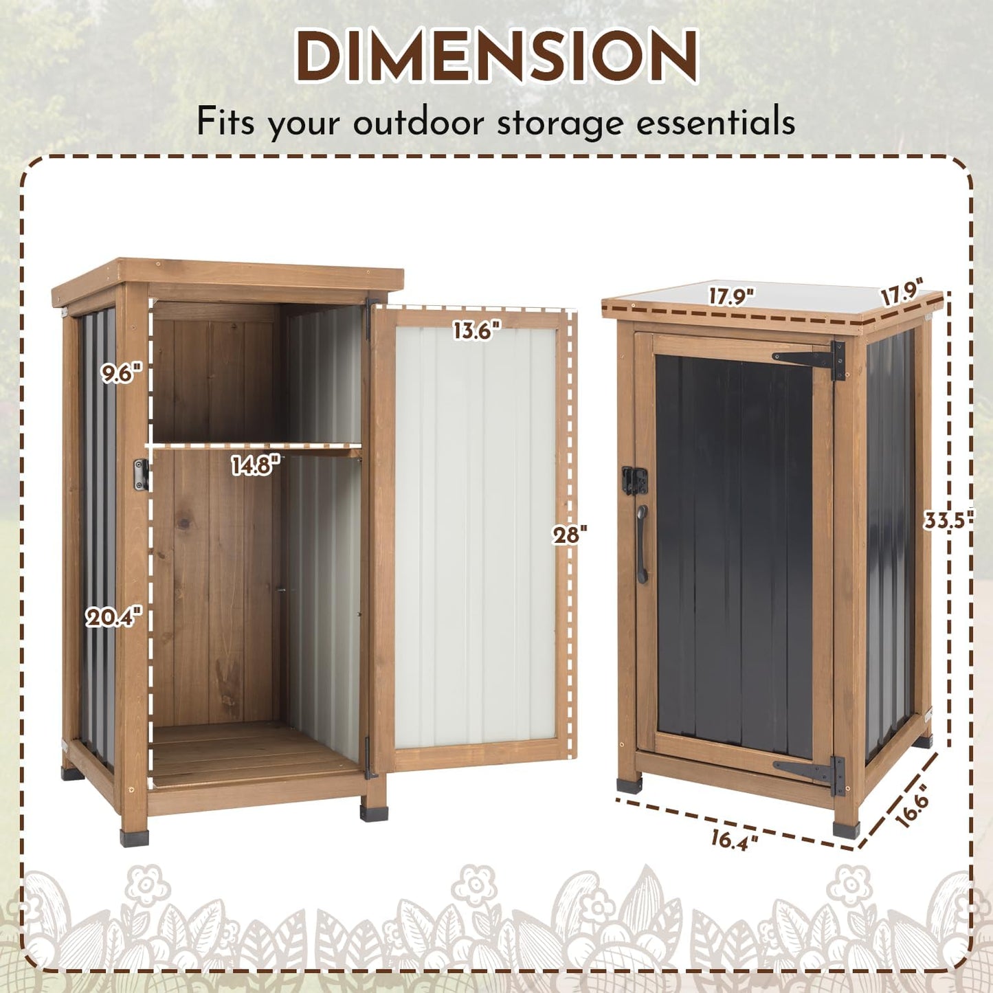 Outdoor Storage Cabinet with Metal Worktop, Fir Wood Frame & Adjustable Shelf, Weather-Resistant Garden Tool Organizer for Patio, Porch, Balcony, or Garage (18" L x 18" W x 33.5" H)
