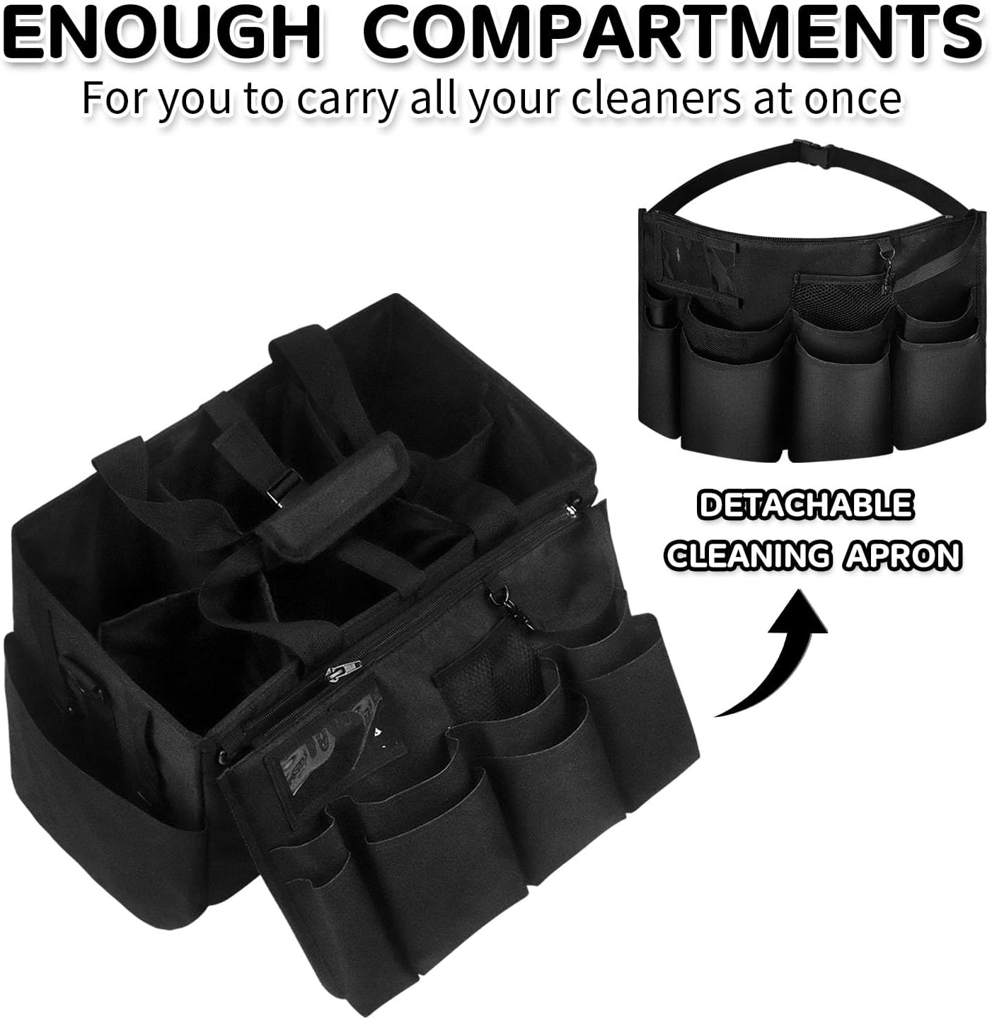 Boczif Cleaning Caddy Bag Wearable, Cleaning Caddy Supplies Organizer with Handle, Shoulder Straps & Detachable Divide, Cleaning Tool Organizers Tote Bag for Cleaners & Housekeepers（Black）