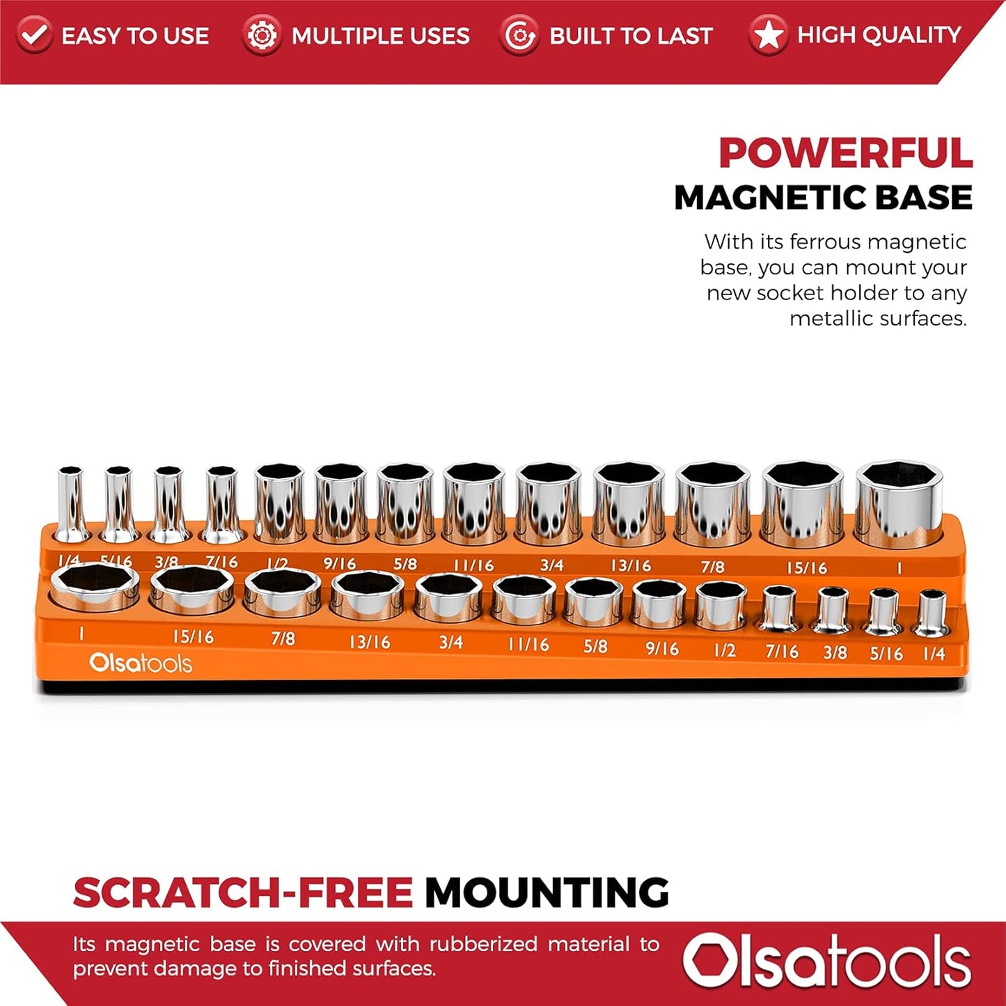 Olsa Tools Magnetic Socket Organizer | 3/8-inch drive | SAE Orange | Holds 26 Sockets | Professional Quality Tools Organizer