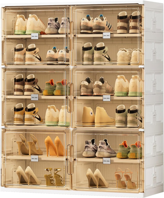 JEKO&JEKO 6 Tiers Foldable Shoe Rack Organizer Cabinet for Closet Entryway, Large Collapsible Shoe Storage Box with Magnetic Doors Fits Up to 24 Pairs (White)