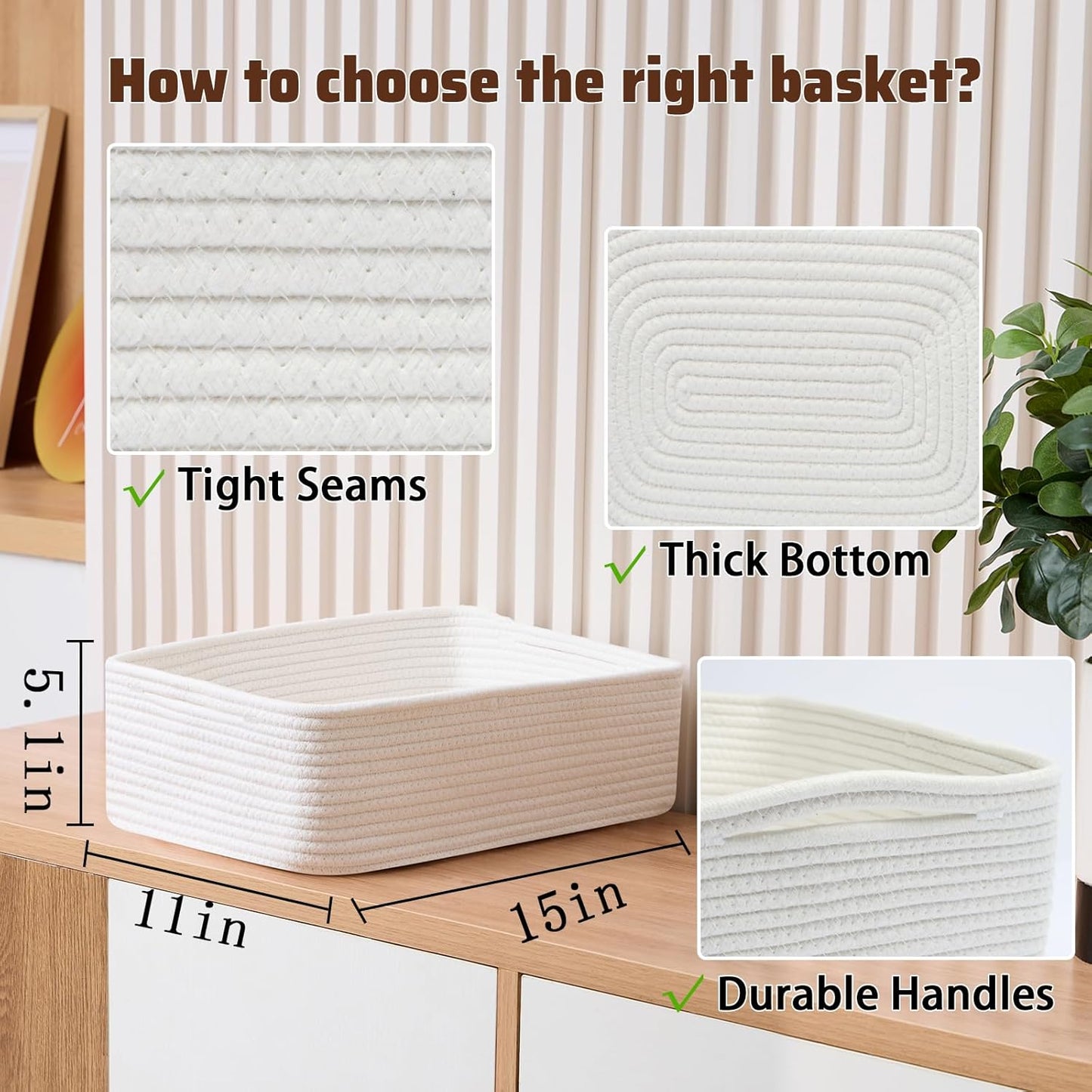 Large Shallow Organizing Baskets 15x11x5.1 Inches - Rope Woven Storage Bins for Bathroom, Shelves, Cube Closet, Off White 3 Packs