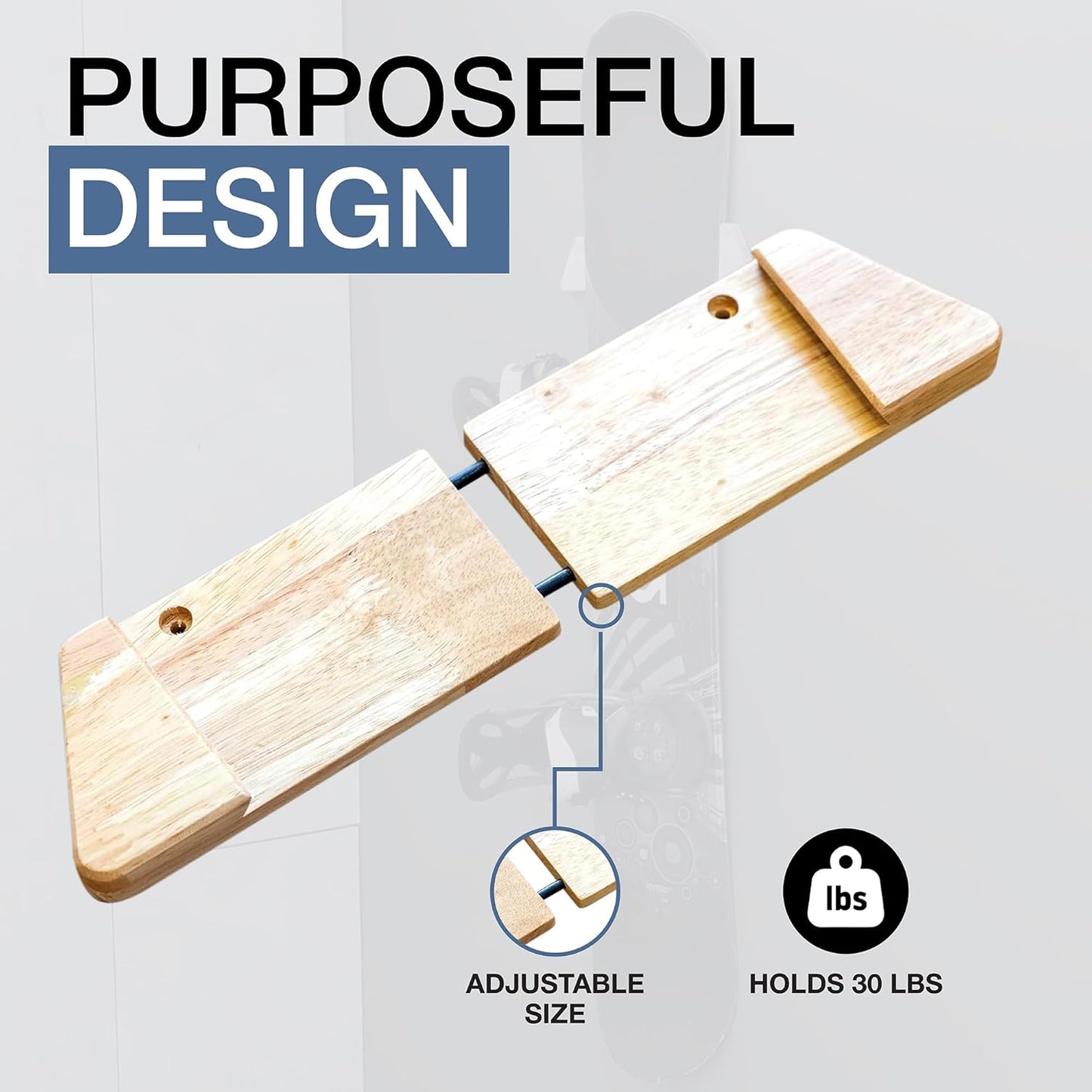 StoreYourBoard Minimalist Wood Snowboard Rack, Wall Mount Storage Display, Adjustable Size, Solid Wood Holds 30 lbs