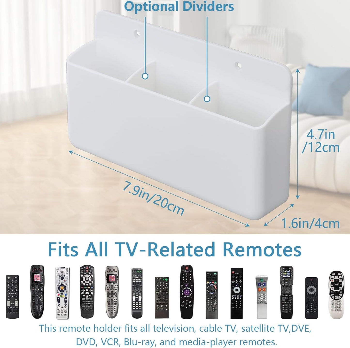 3 Slot Adjustable Remote Control Holder Wall Mount, TV Remote Box Hollow Bottom Slot Easy Phone Charging, Self Adhesive Remote Holder,Wall Pen Holder Storage Accessories for Home Office School (White)