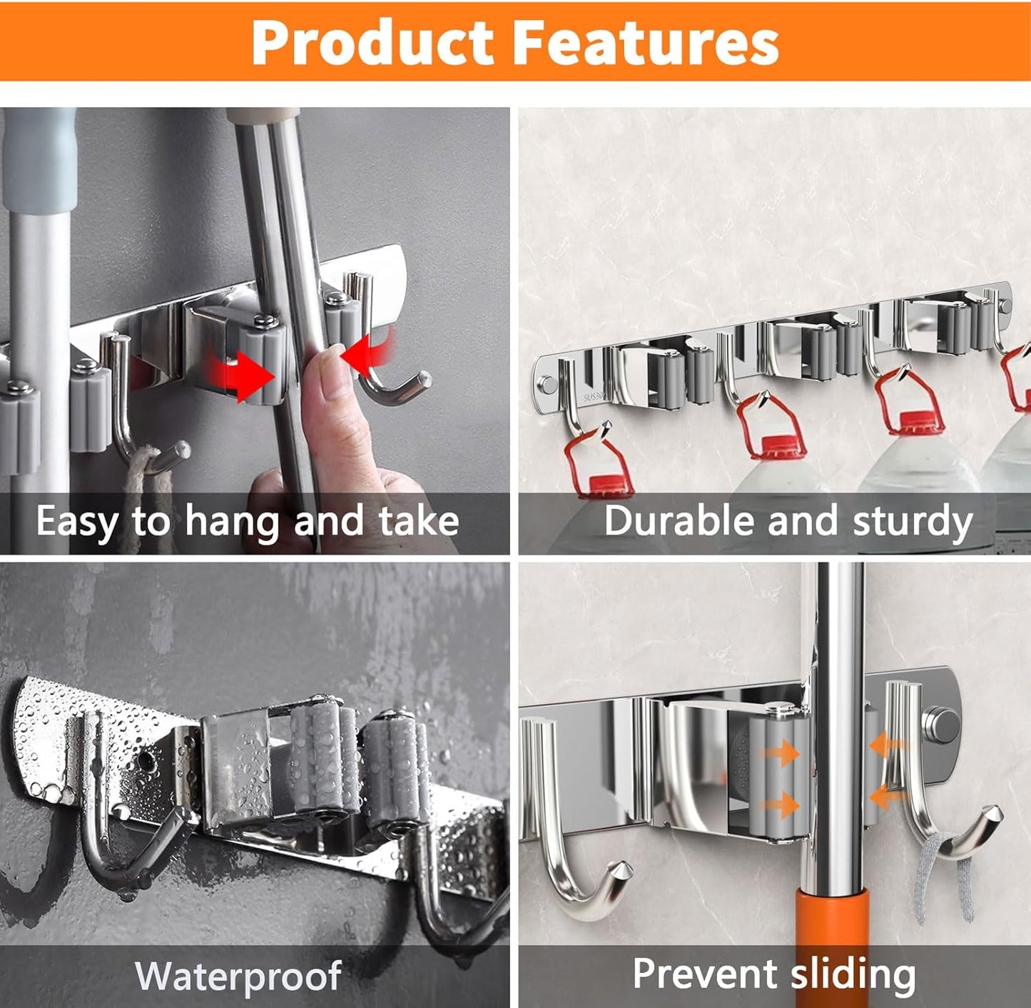Broom and Mop Organizer Wall Hanging, Upgraded Mop and Broom Holder Wall Mount, Stainless Steel Broom Hanger Wall Mount for Laundry Room Organization and Storage（5 Racks with 4 Hooks）